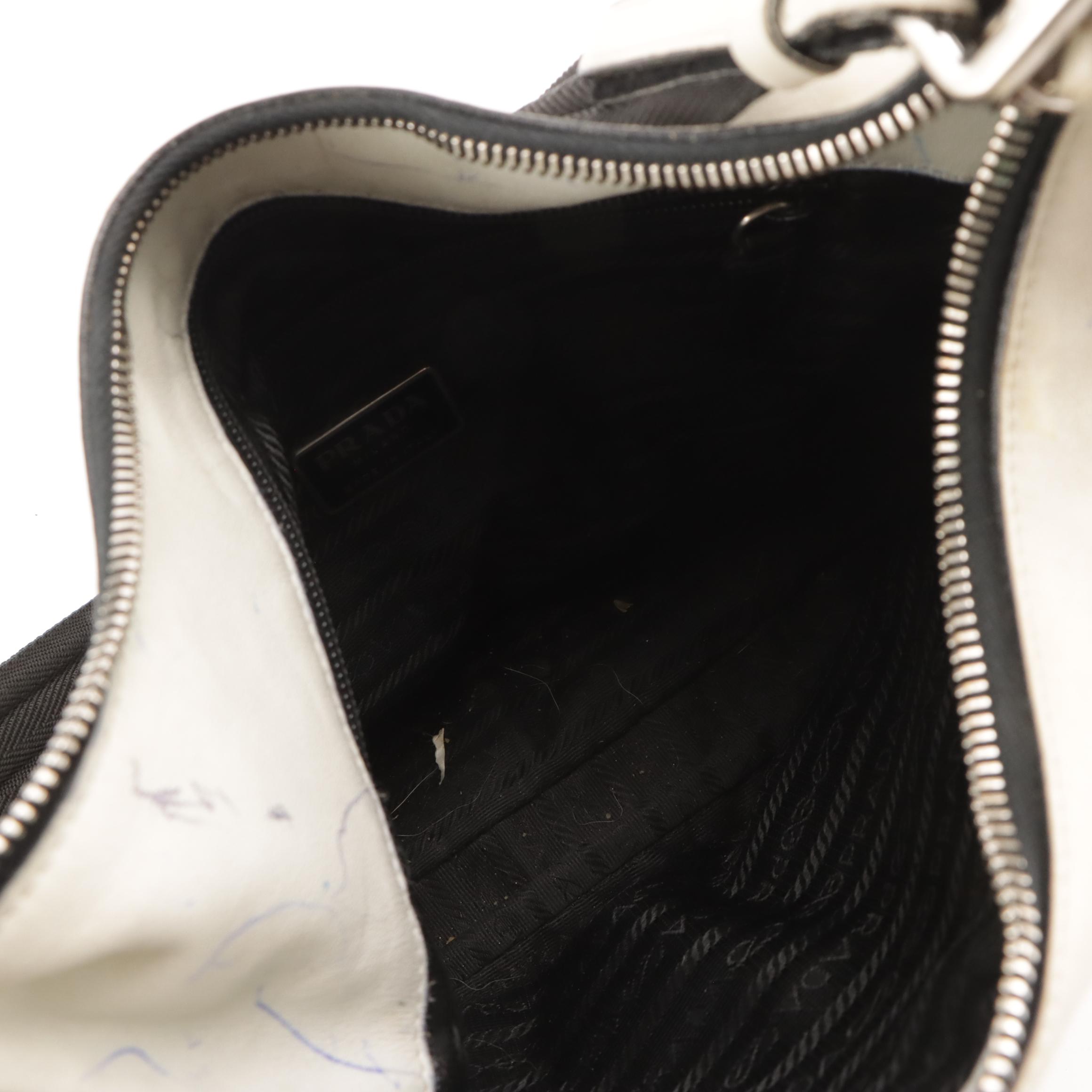 Prada Front-Pocket Shoulder Bag in White Leather with Black Canvas Strap