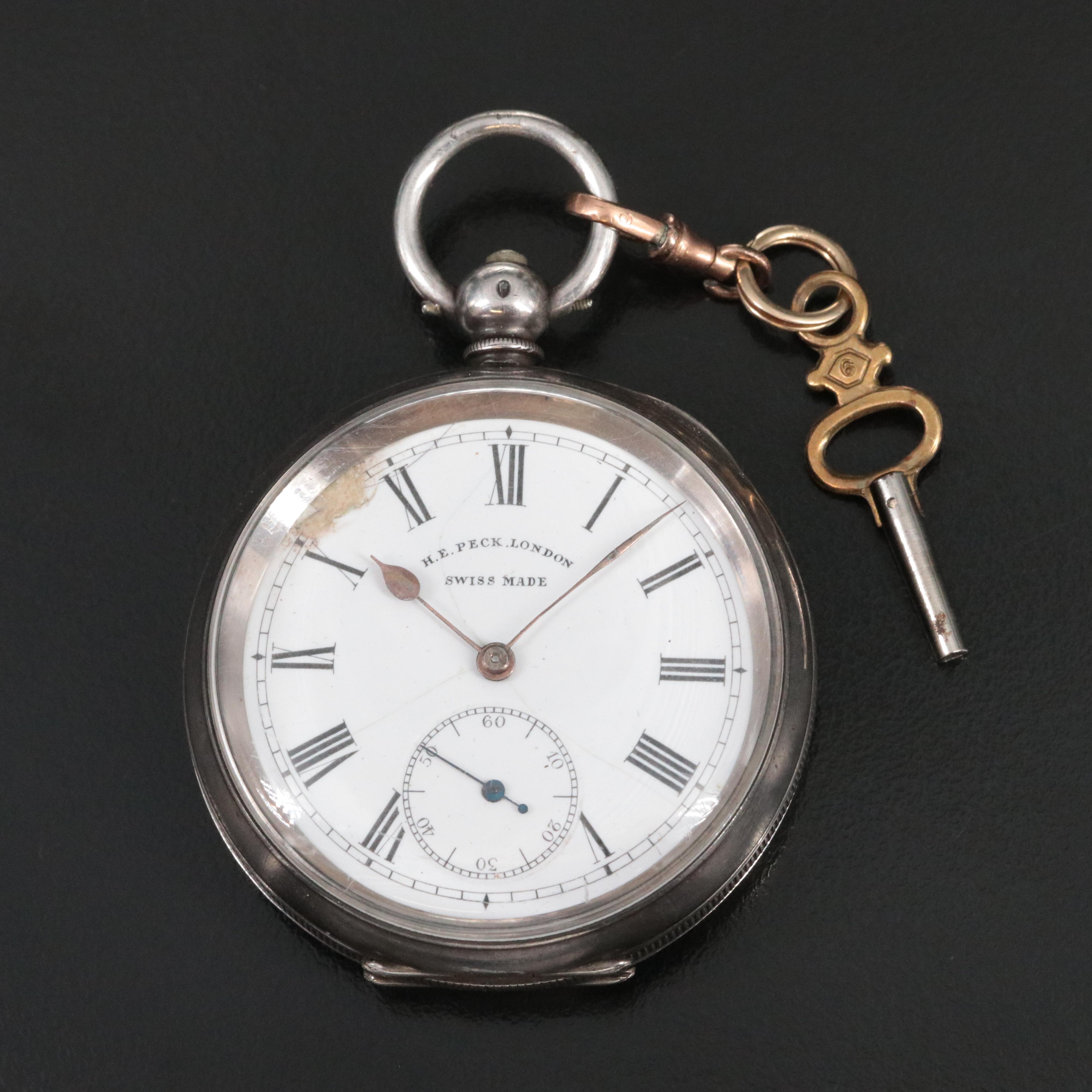 H.E. Peck London Swiss Made .935 Silver Pocket Watch