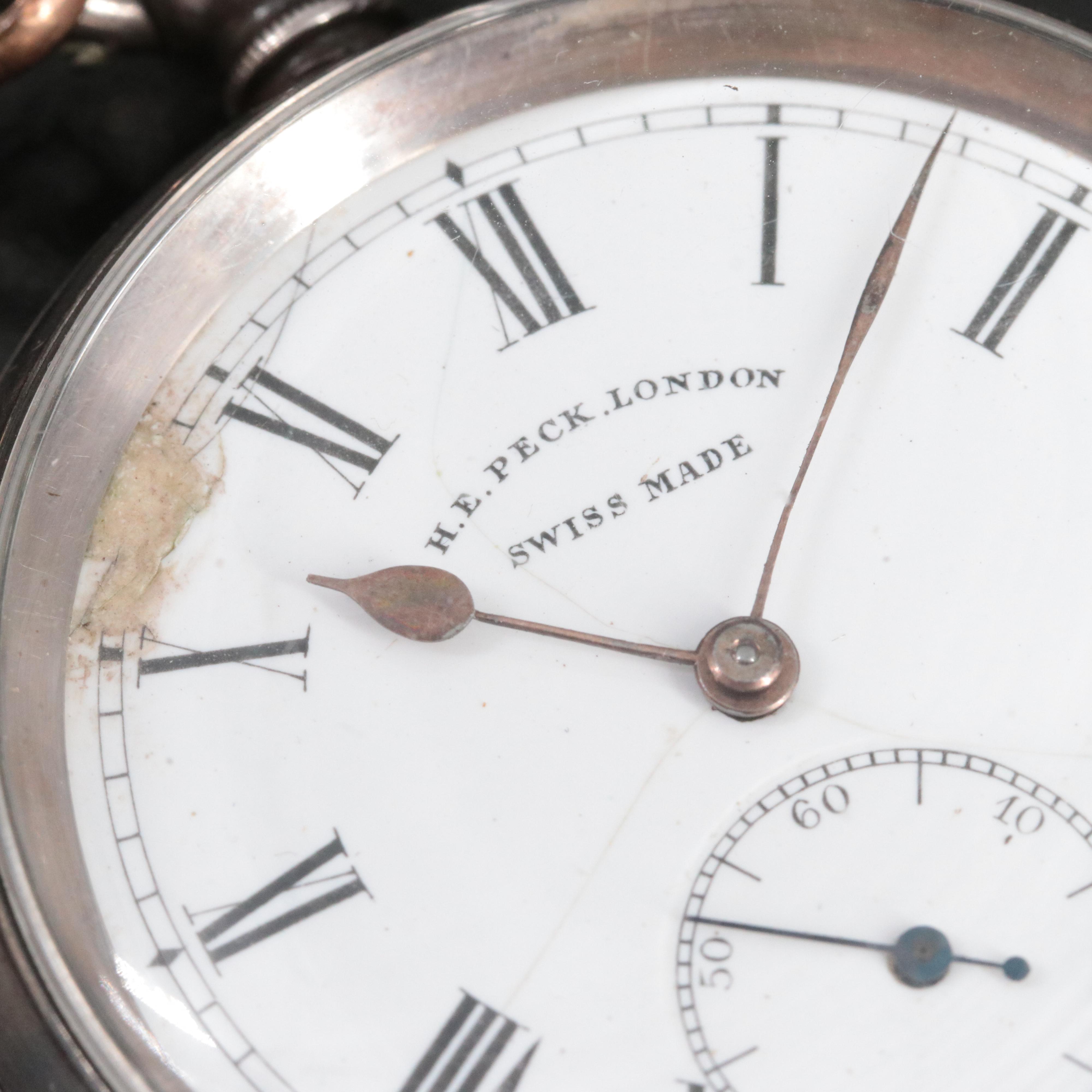 H.E. Peck London Swiss Made .935 Silver Pocket Watch