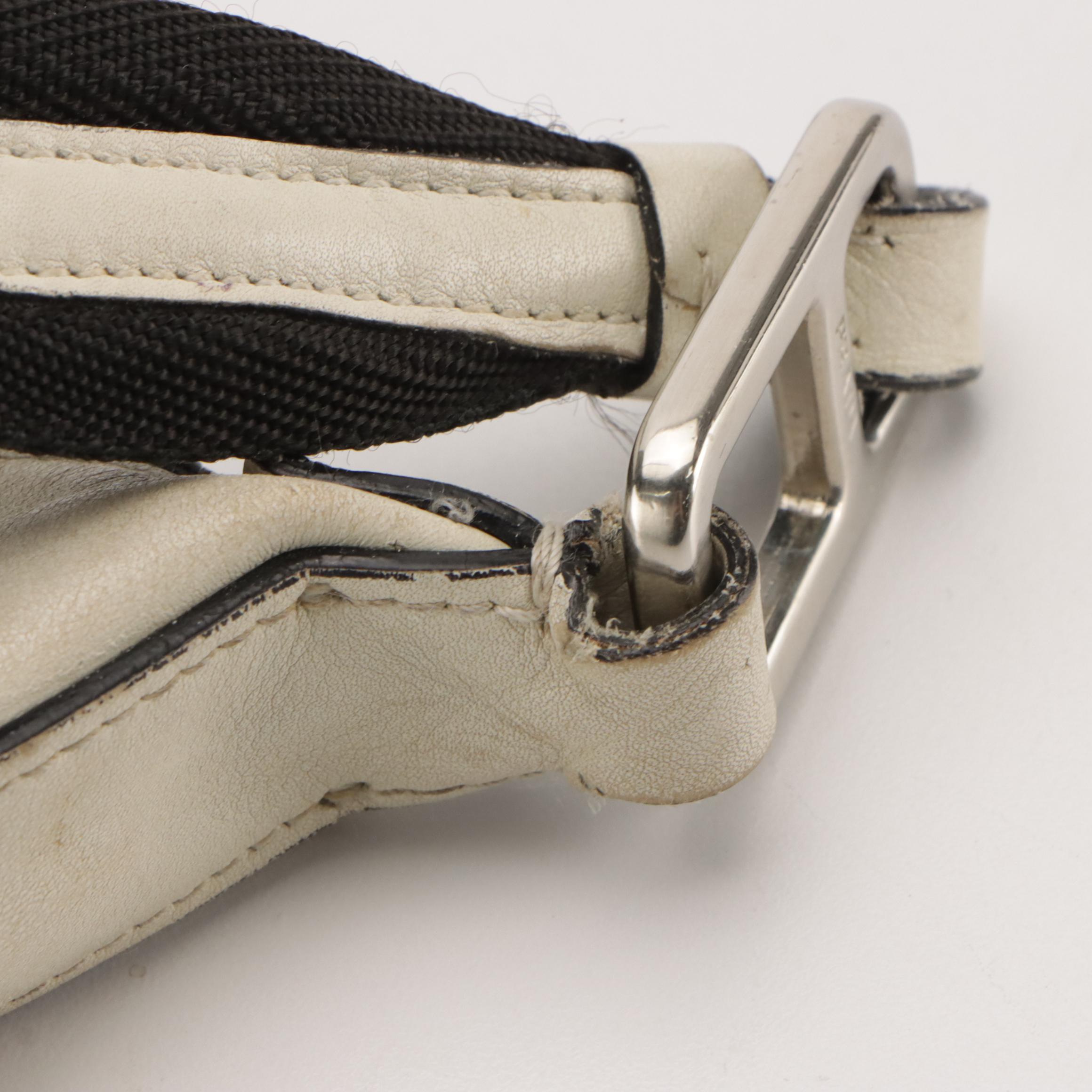 Prada Front-Pocket Shoulder Bag in White Leather with Black Canvas Strap