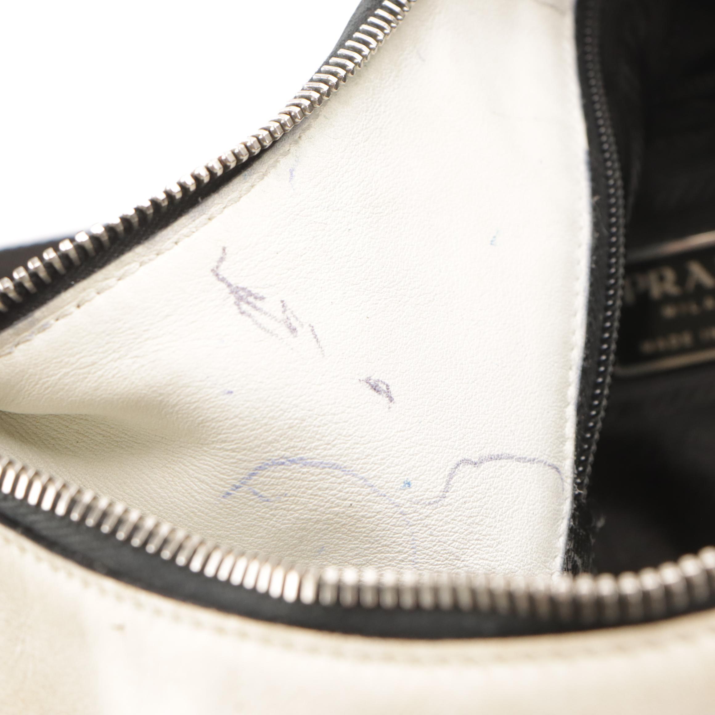 Prada Front-Pocket Shoulder Bag in White Leather with Black Canvas Strap