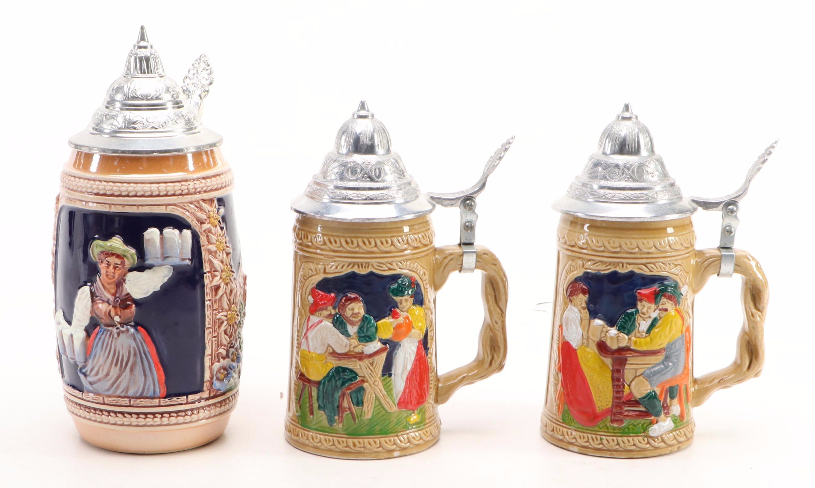 Gerz and Other German Stoneware Beer Steins, Mid to Late 20th Century