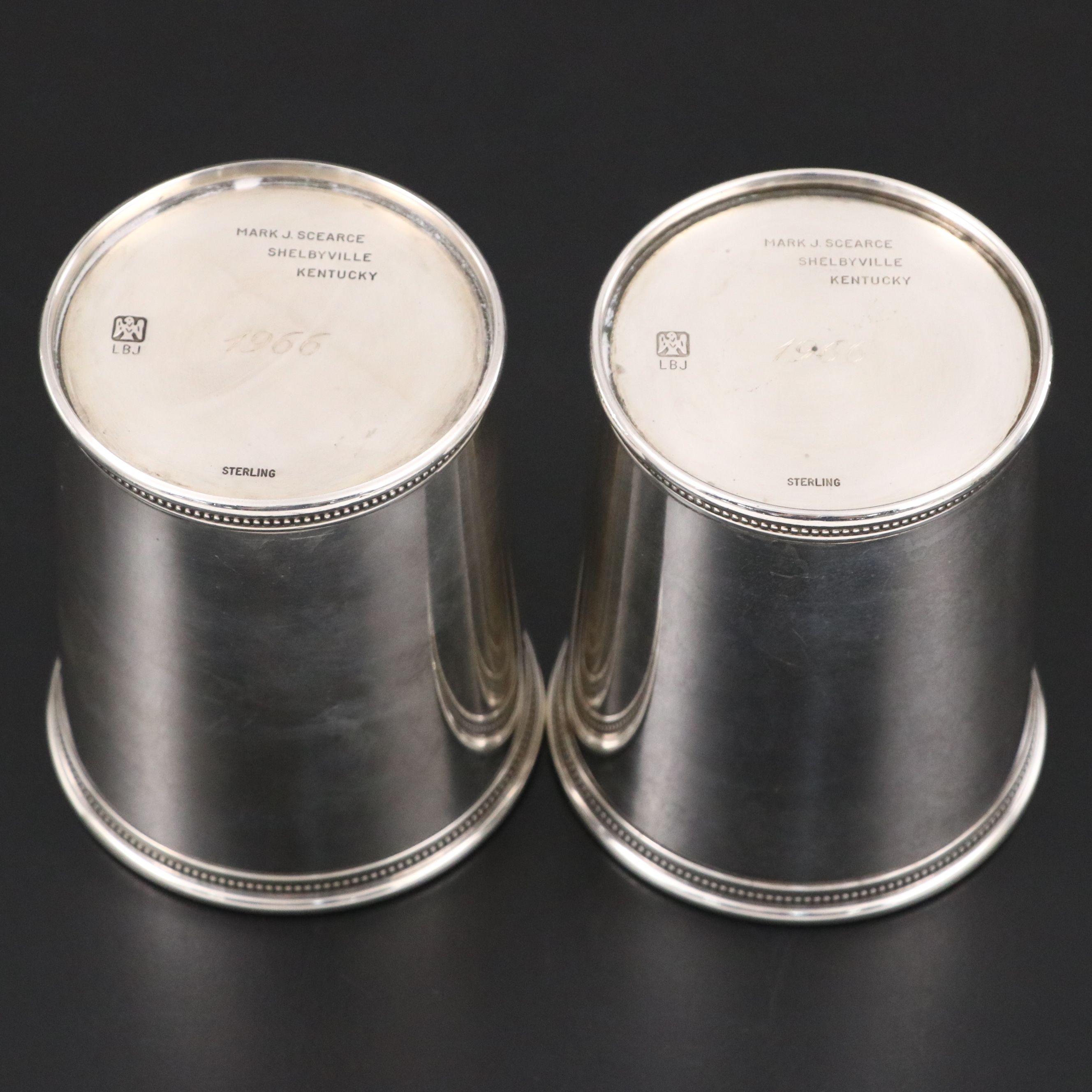 Pair of Mark J. Scearce Lyndon B. Johnson Sterling Silver Julep Cups, 1966