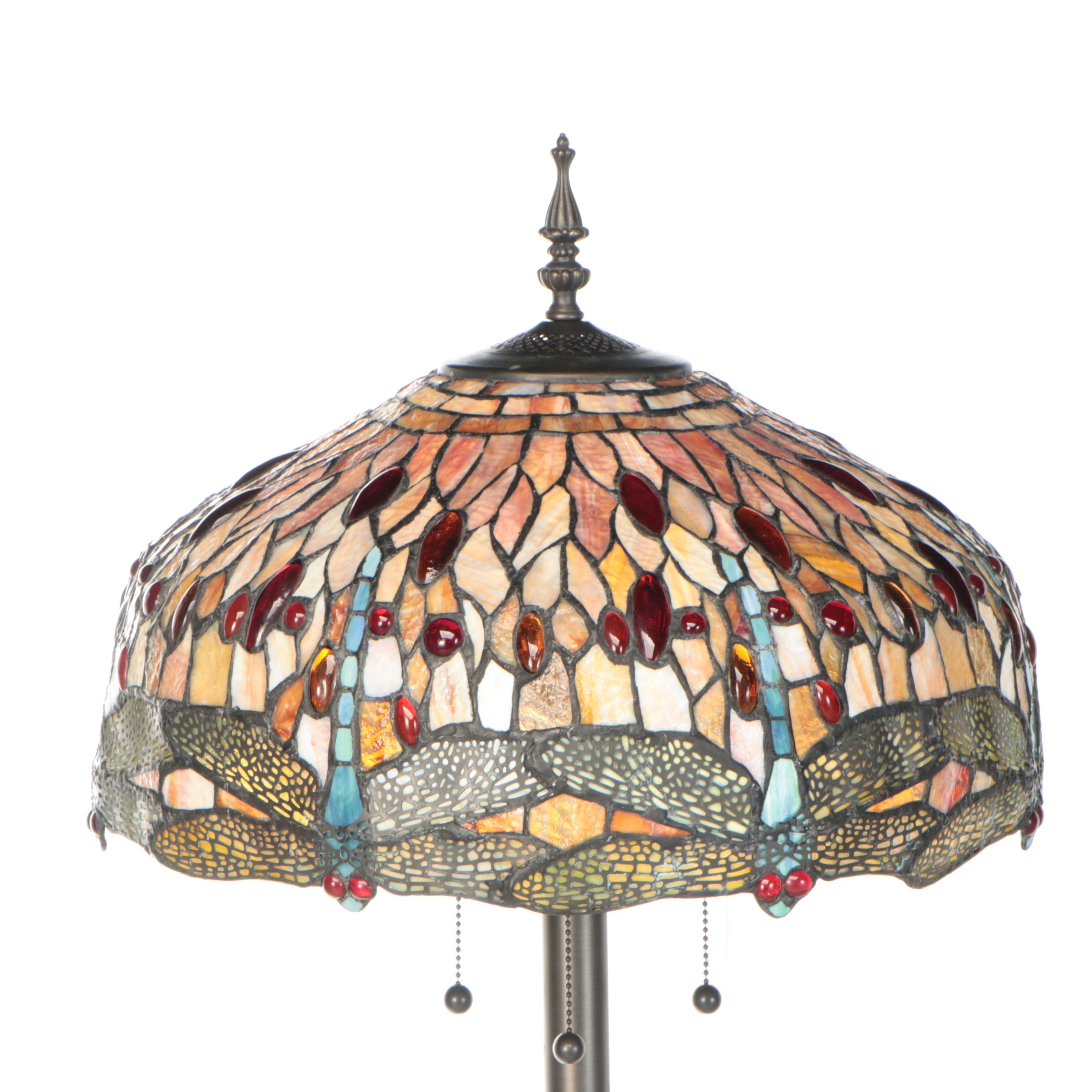 Art Nouveau Style Dragonflies Slag Glass and Pewter Finish Floor Lamp