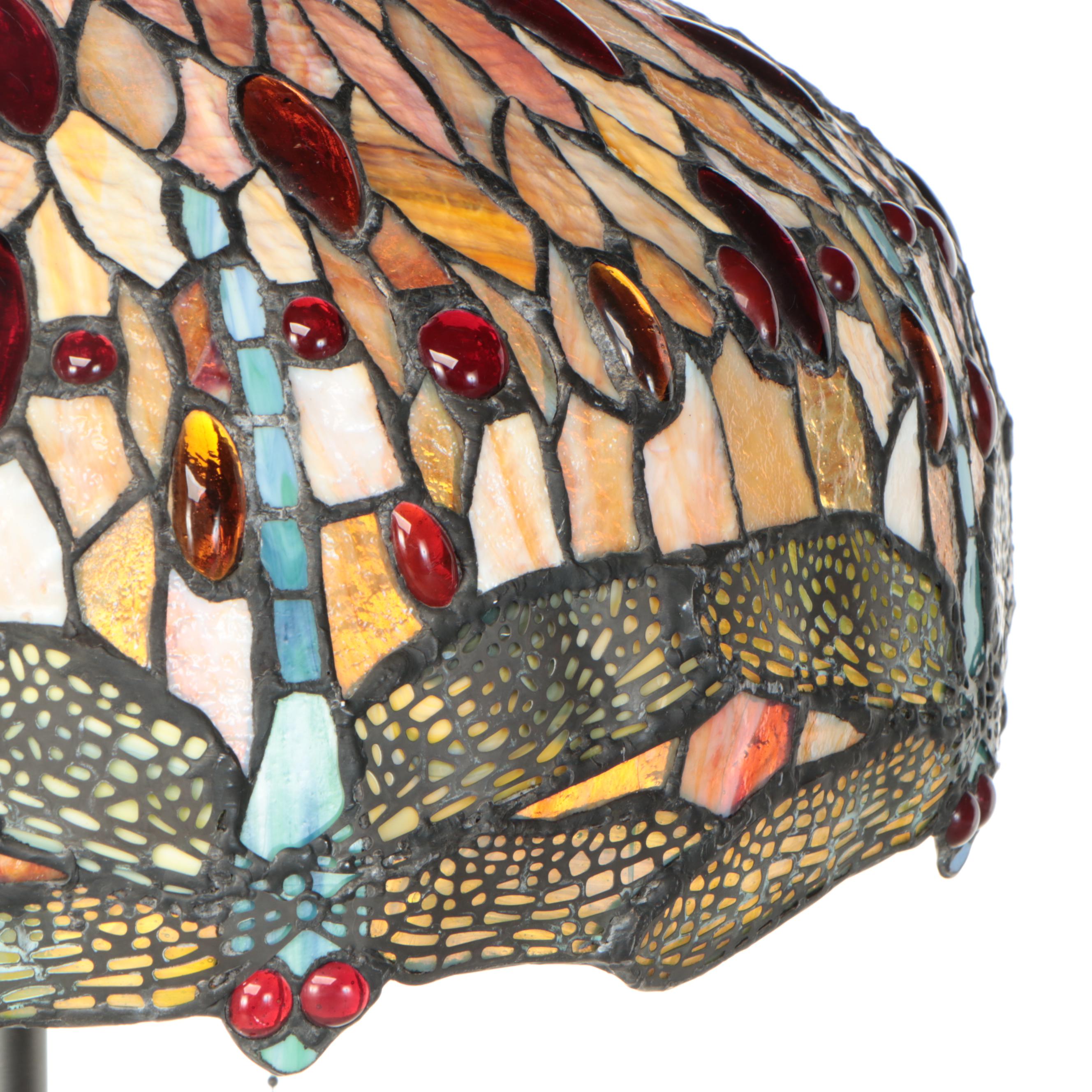 Art Nouveau Style Dragonflies Slag Glass and Pewter Finish Floor Lamp