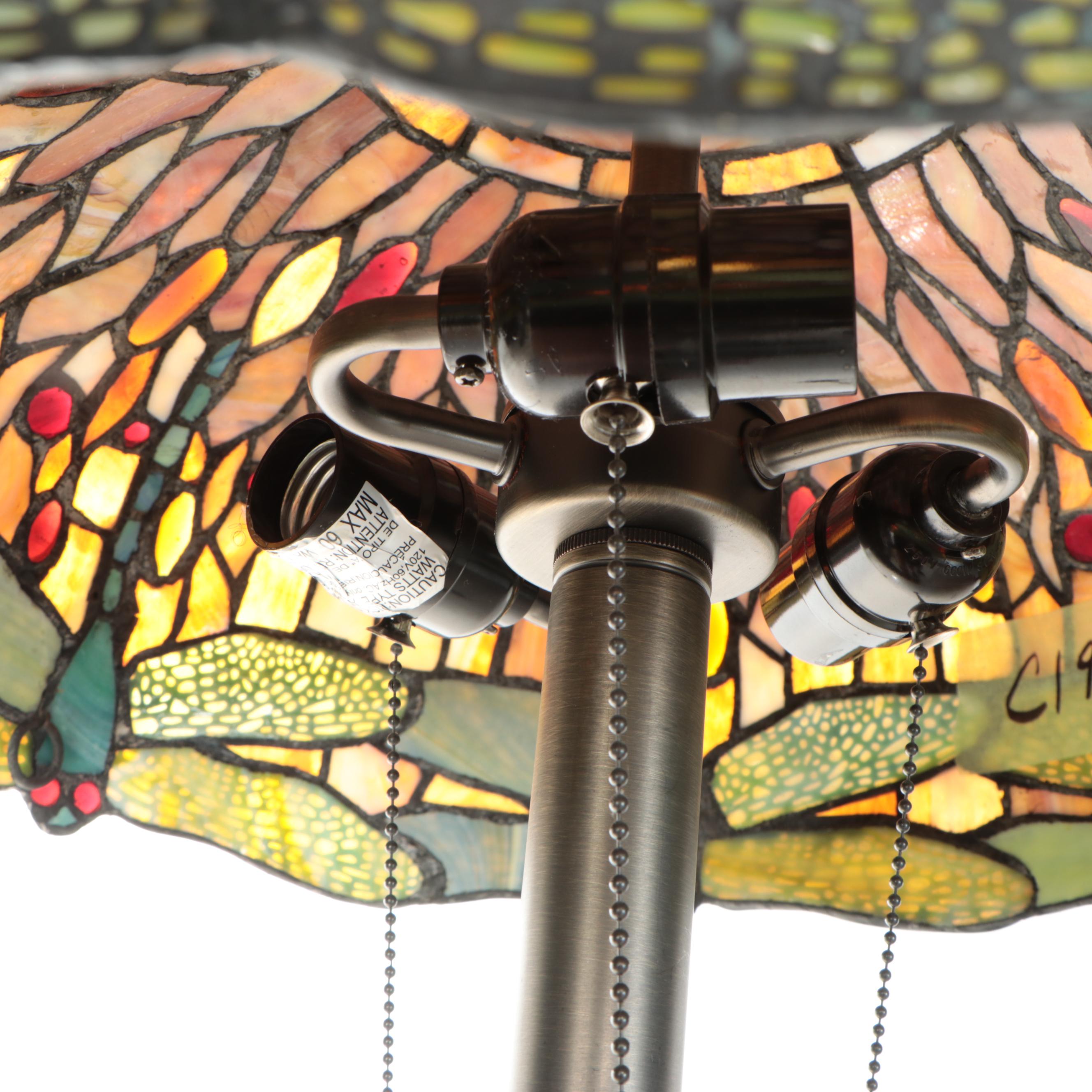 Art Nouveau Style Dragonflies Slag Glass and Pewter Finish Floor Lamp