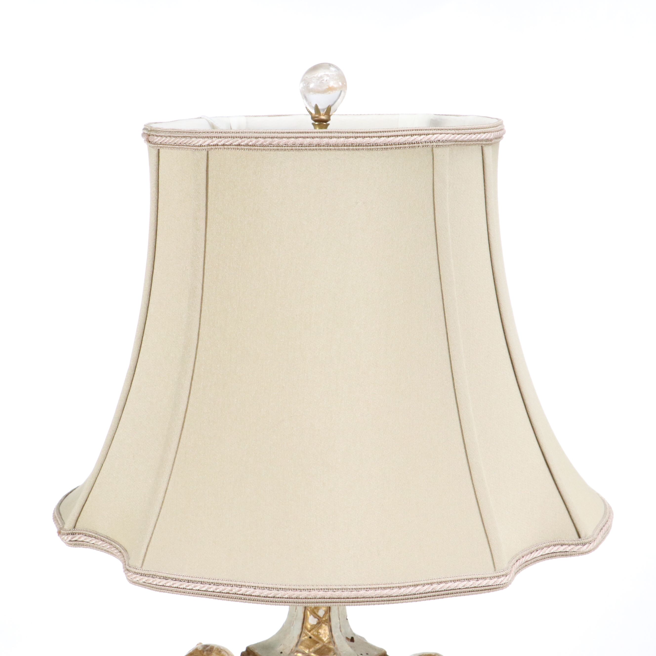 Pair of Continental Style Baluster Form Console Lamps & Silk Cut Corner Shades