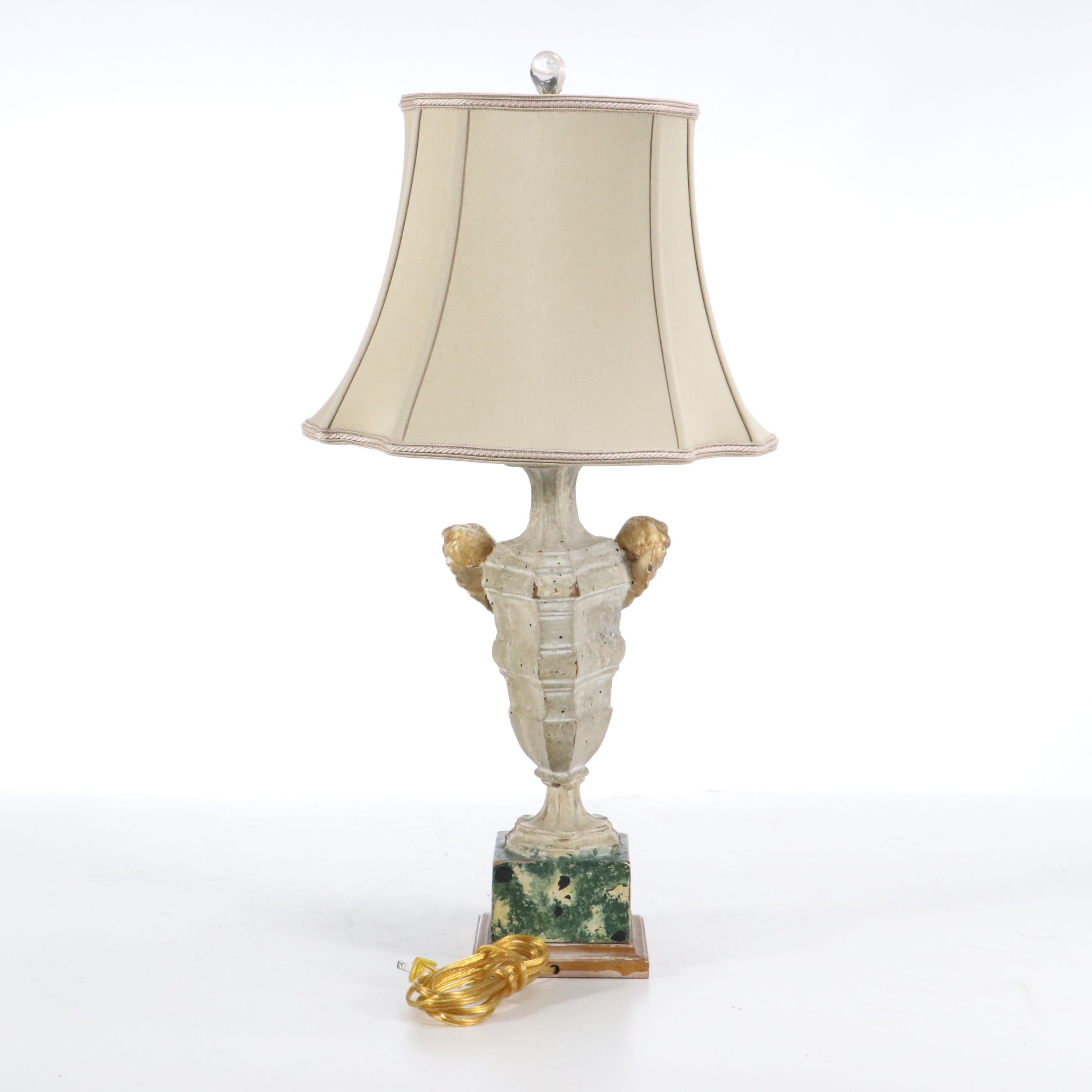 Pair of Continental Style Baluster Form Console Lamps & Silk Cut Corner Shades