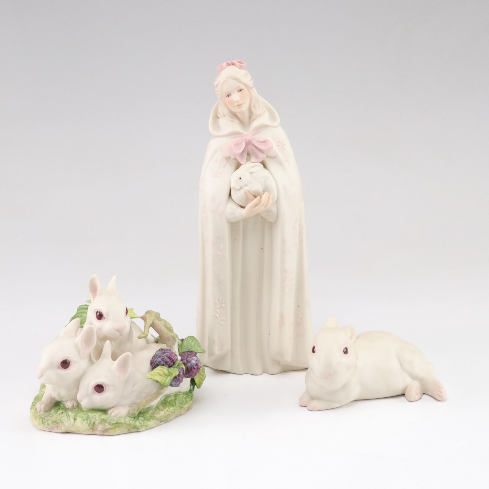 Cybis "Melissa" with Rabbits "Cotton, Fluff and Snow" Porcelain Figurines