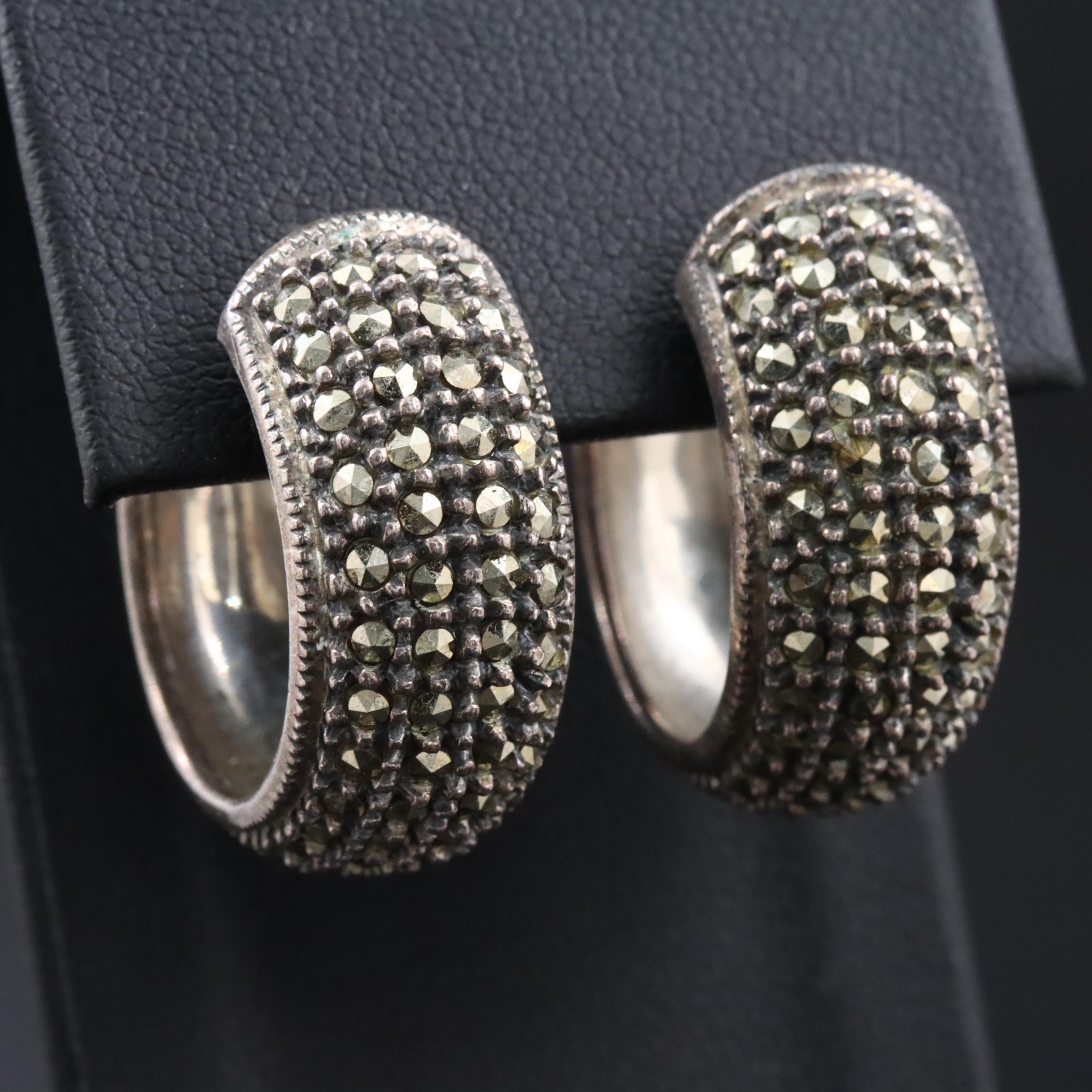 Sterling Marcasite Hoop Earrings Attributed to Judith Jack