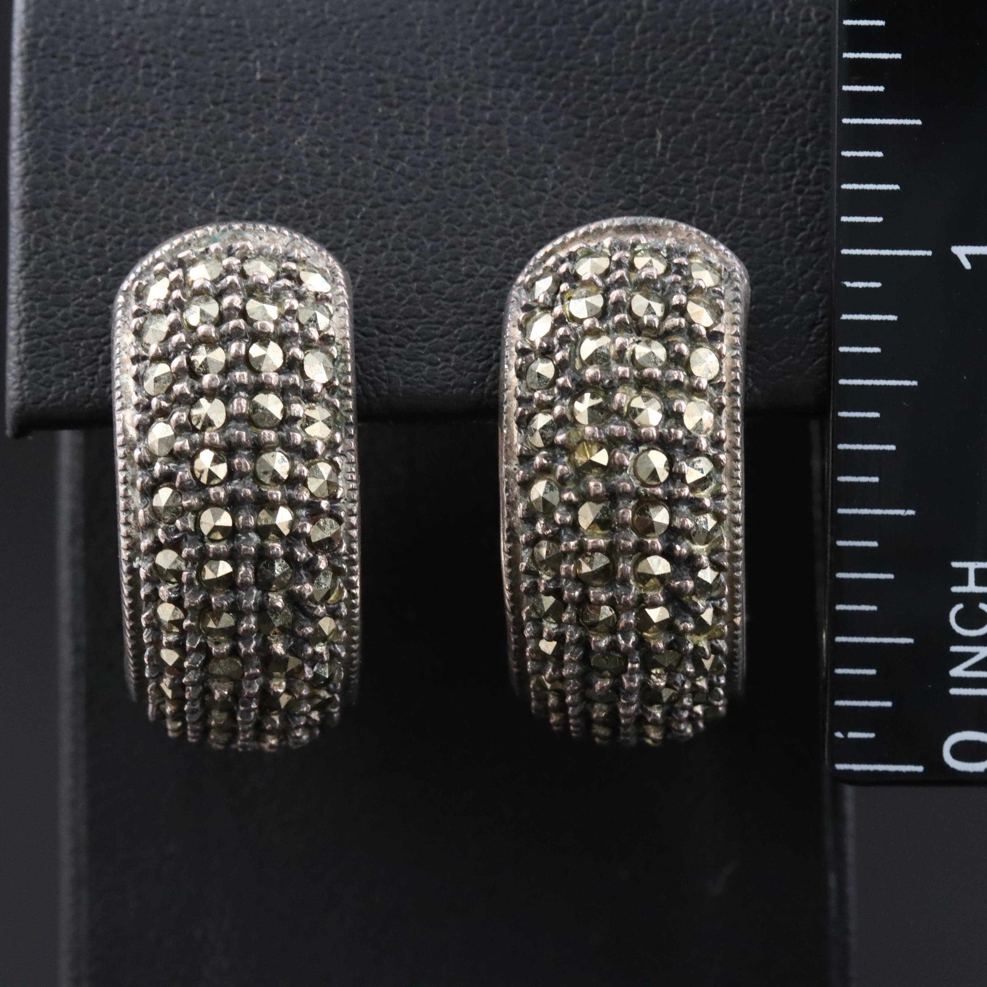 Sterling Marcasite Hoop Earrings Attributed to Judith Jack