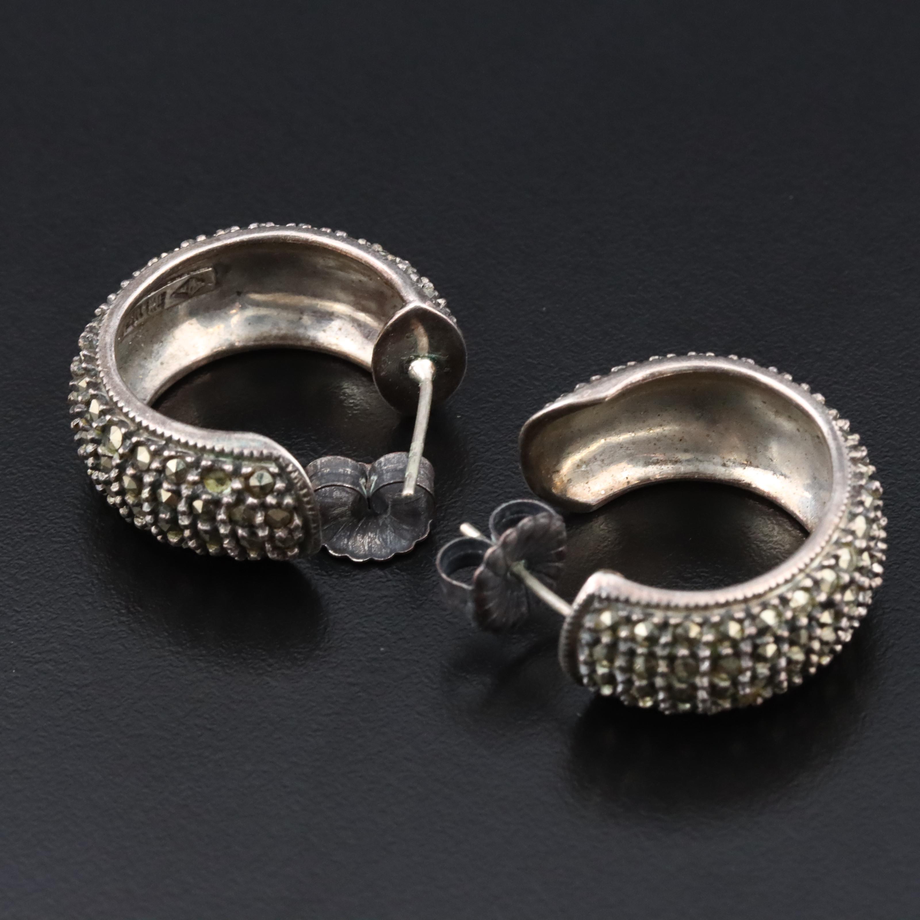 Sterling Marcasite Hoop Earrings Attributed to Judith Jack
