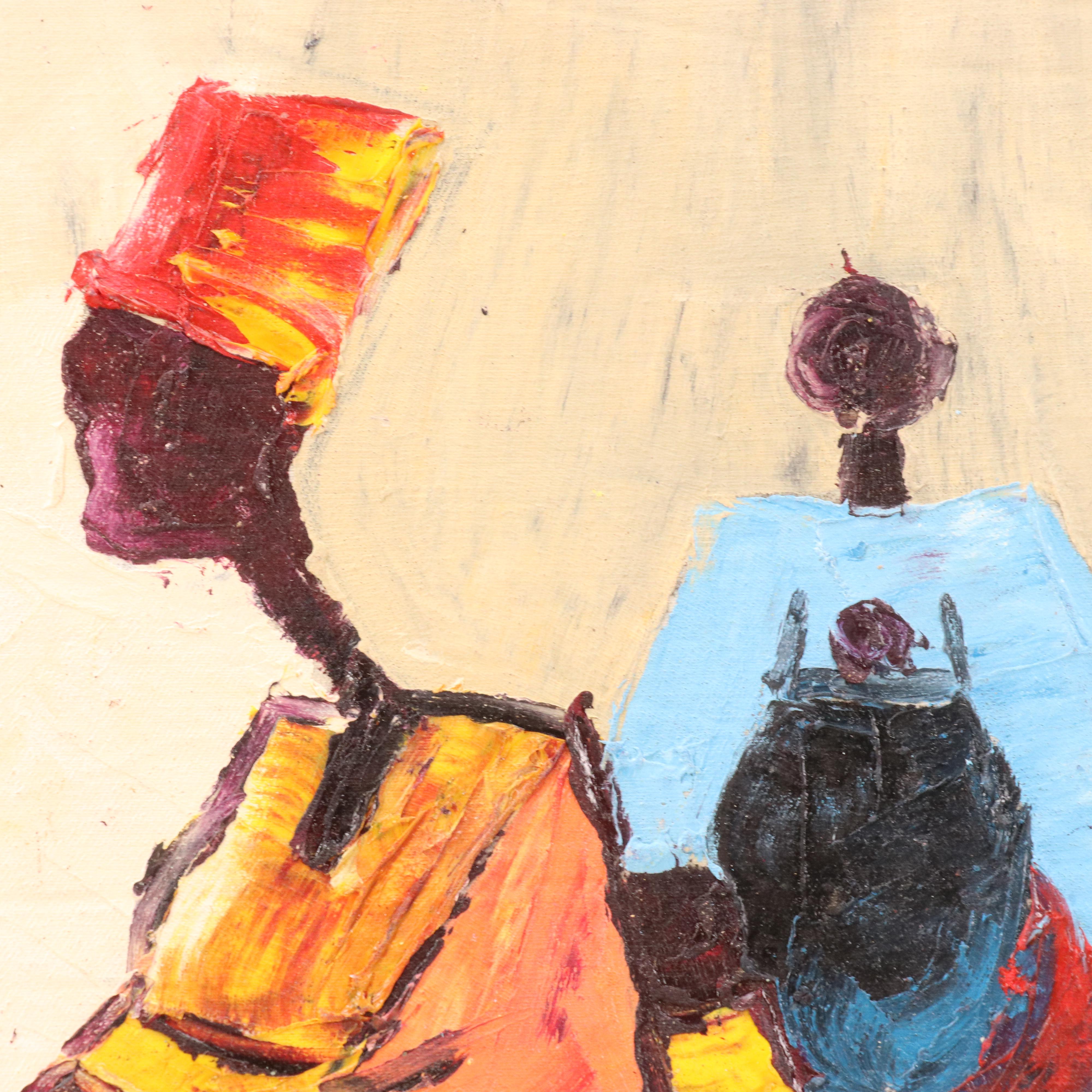 Bayo Ogundele Stylized Figural Oil Painting "Meeting Together," 2024