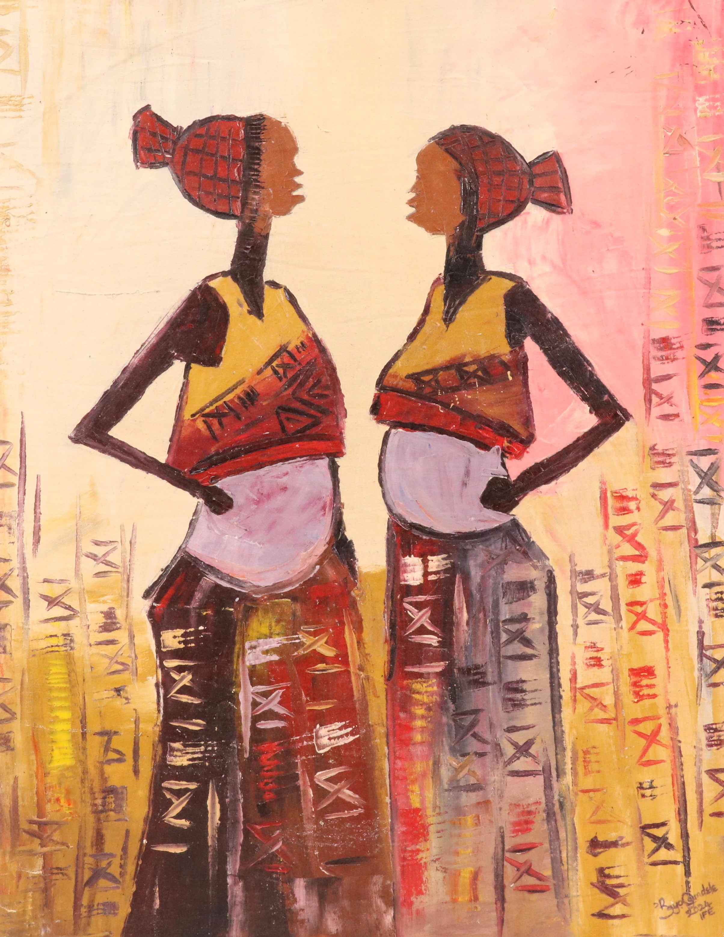 Bayo Ogundele Stylized Figural Oil Painting "Tee-a-Tee," 2024