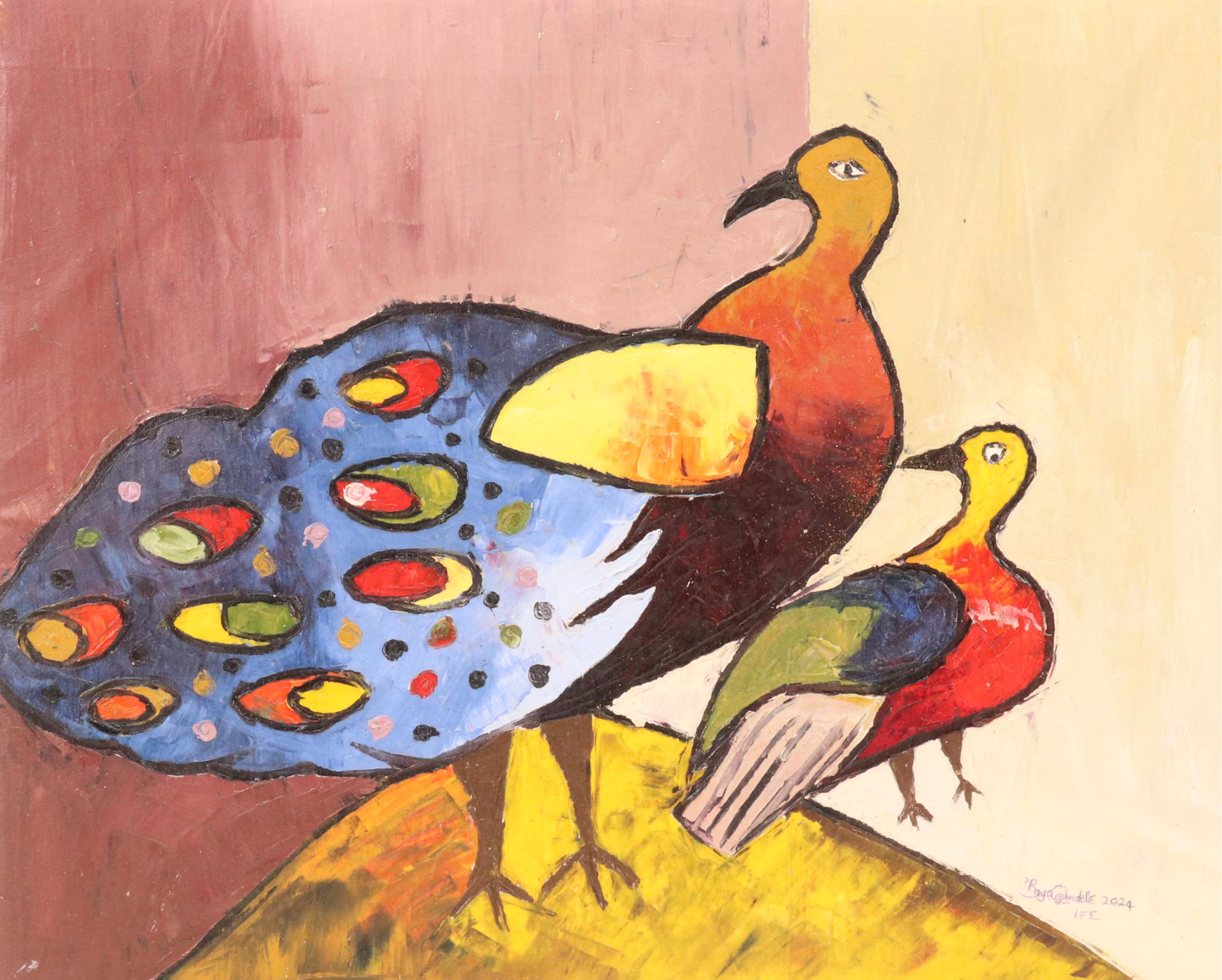 Bayo Ogundele Stylized Figural Oil Painting of Peacock, 2024