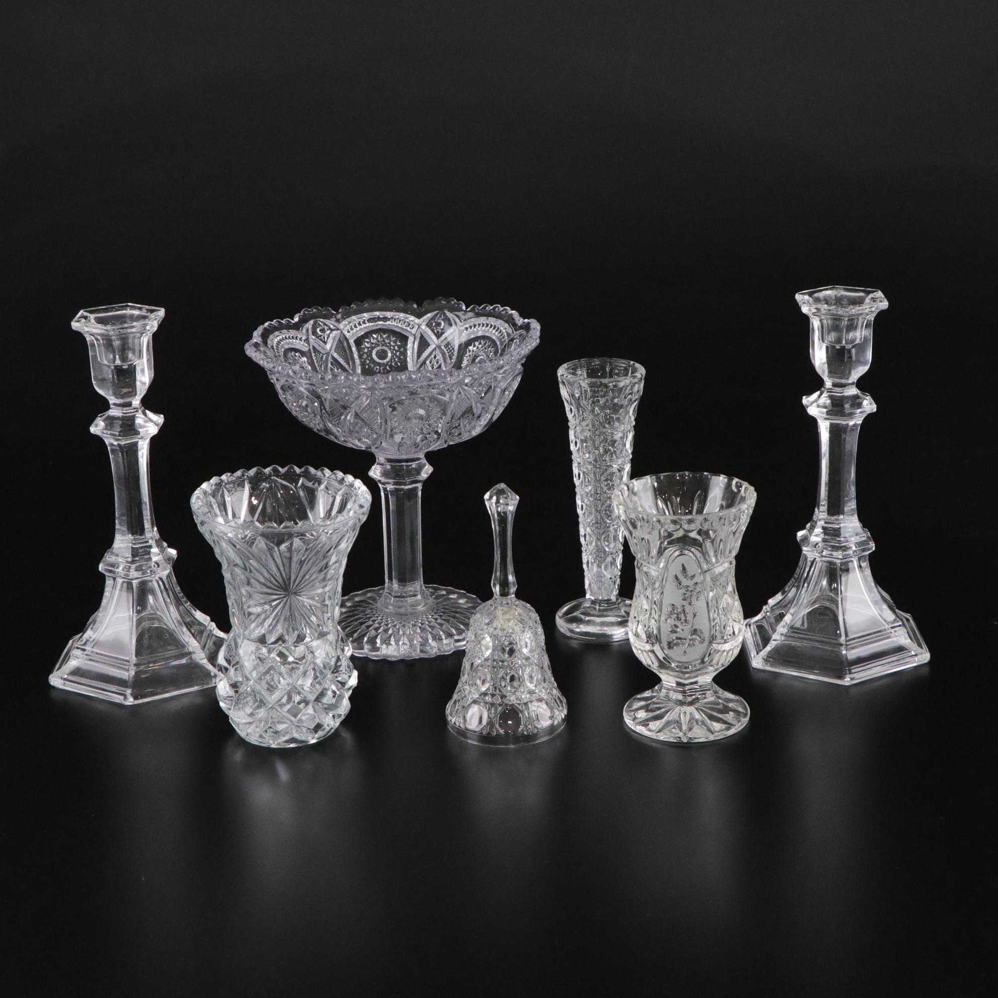 Pressed Glass and Crystal Vases, Candlesticks, and Bell