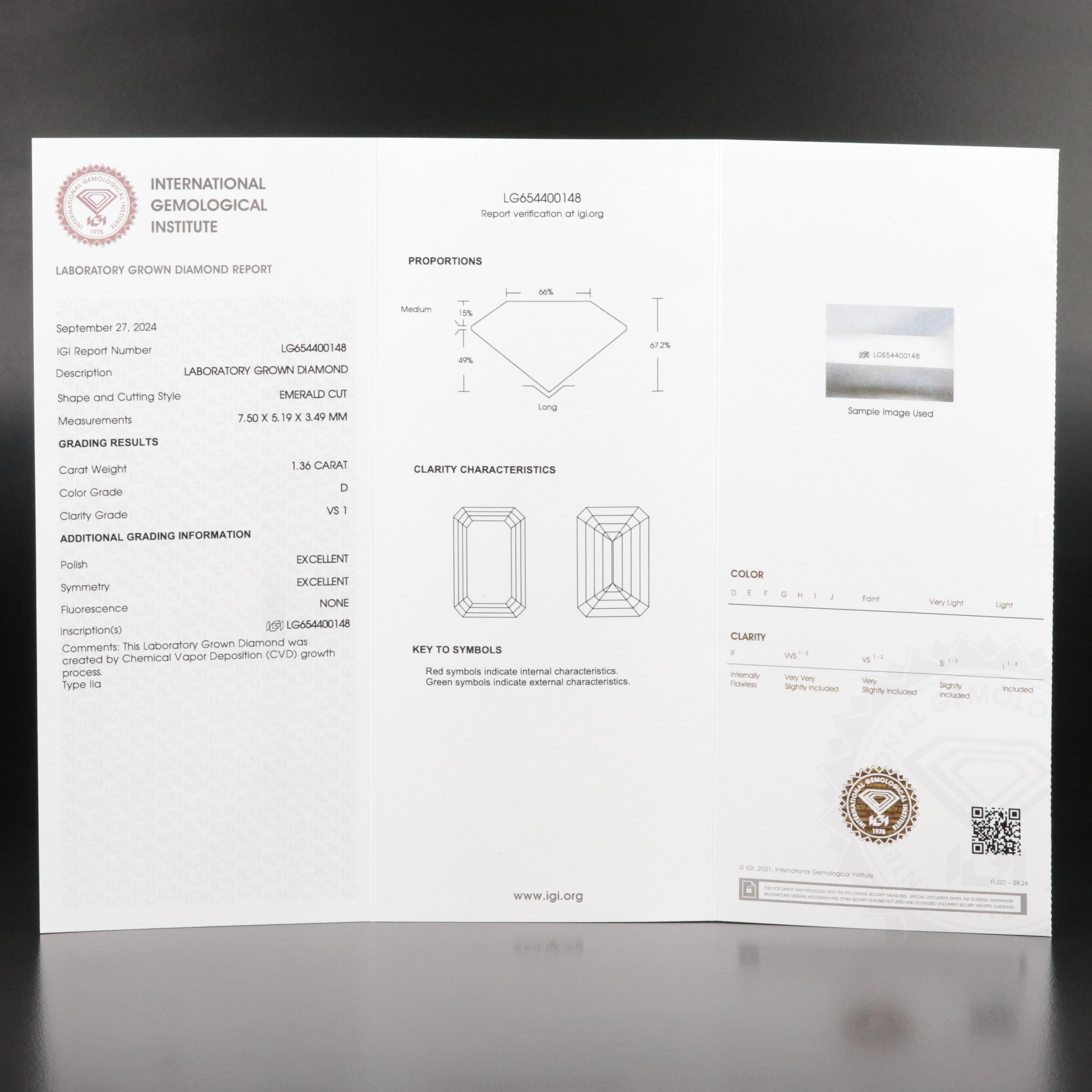 Loose 1.36 CT Lab Grown Diamond with IGI Report