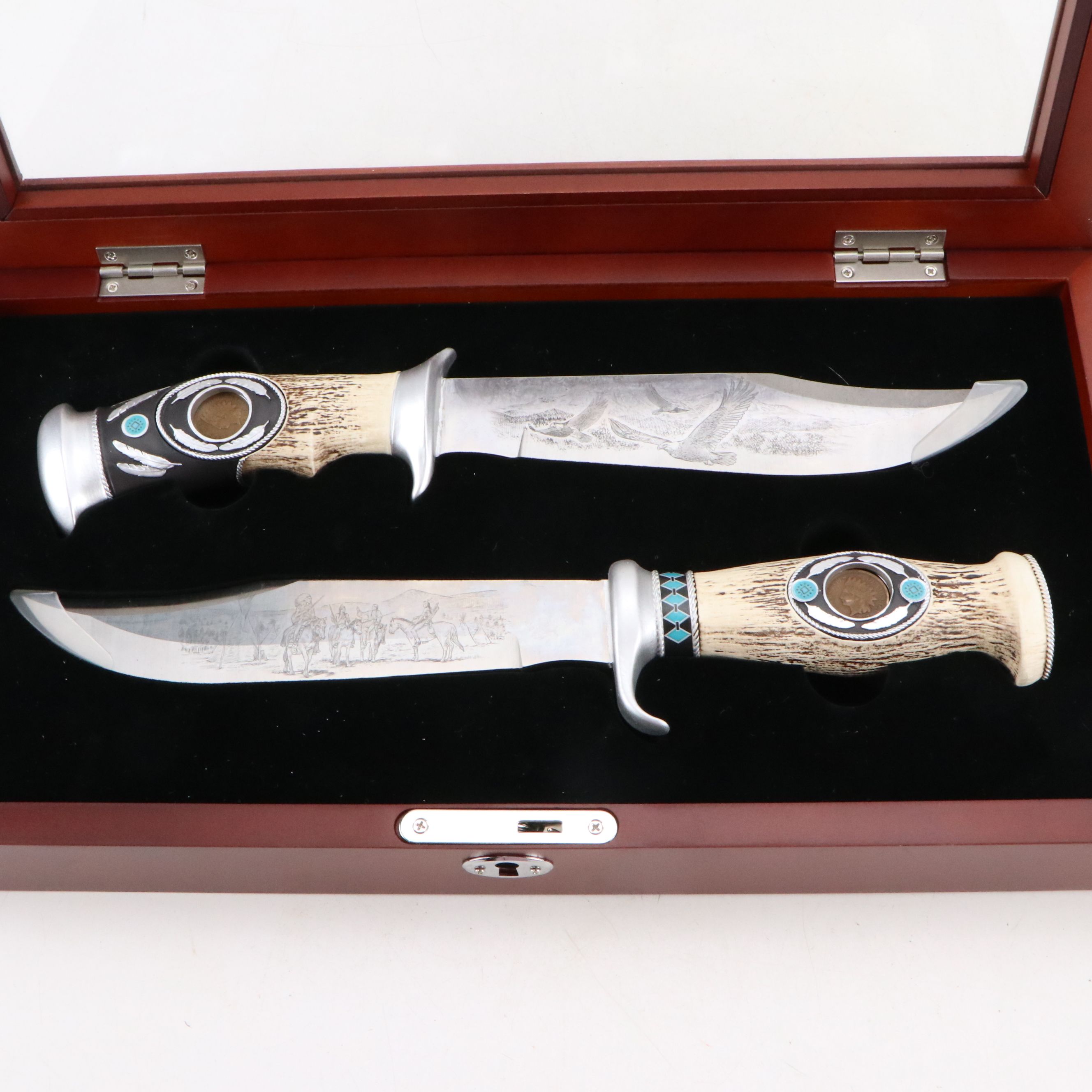 Danbury Mint Indian Head Penny Bowie Knife Set with Pictorial Blade Etching