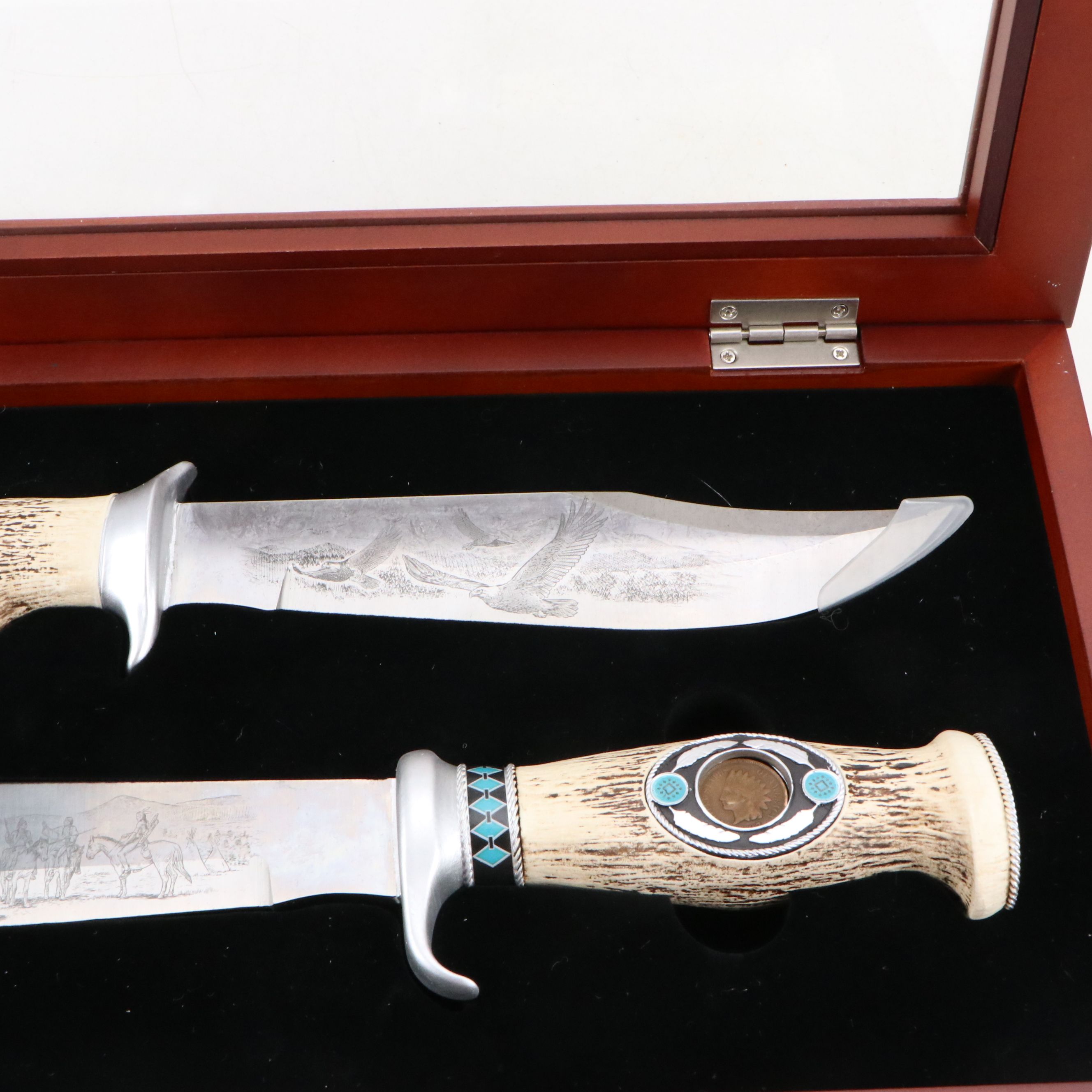 Danbury Mint Indian Head Penny Bowie Knife Set with Pictorial Blade Etching