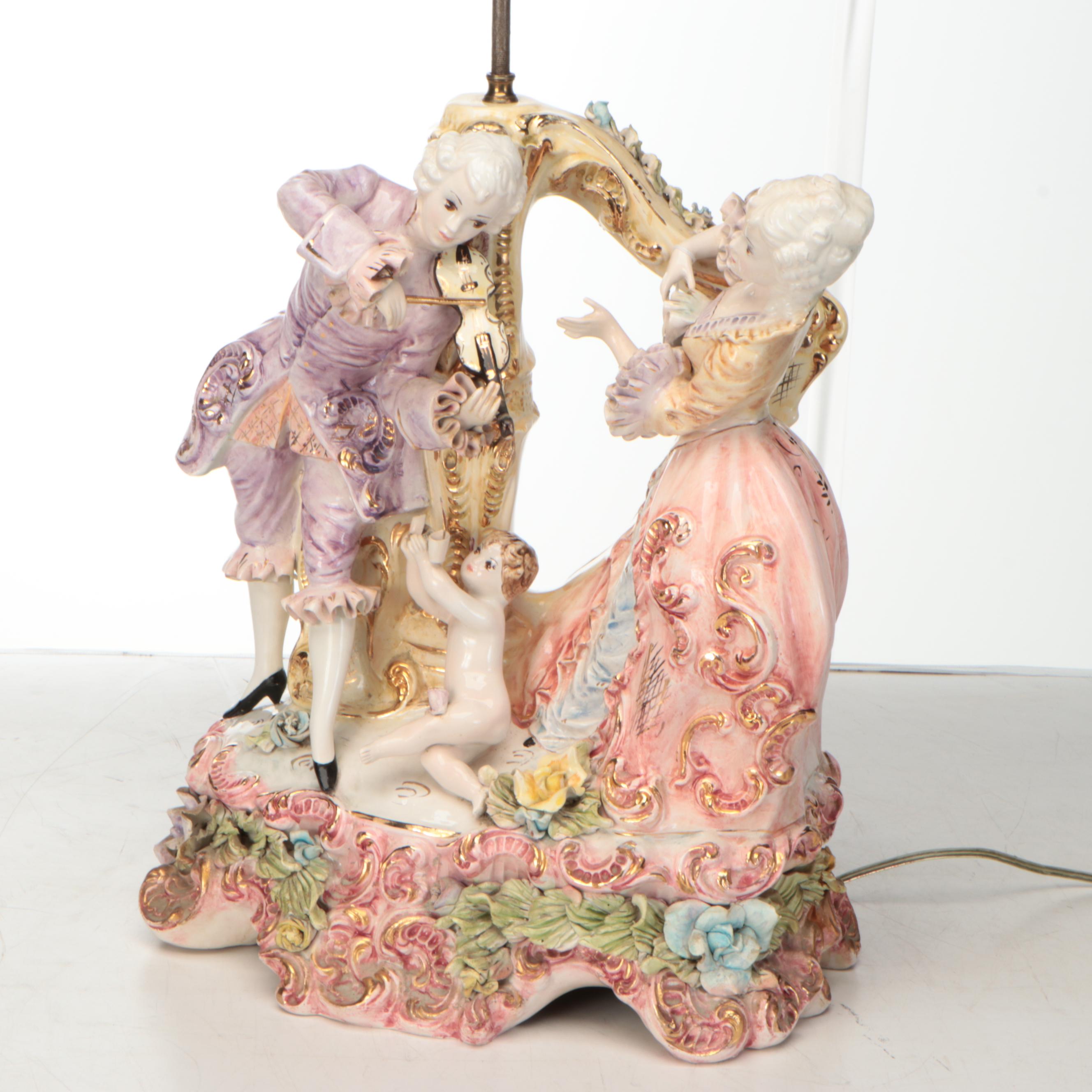 Wateau Style Luster Glaze Figural Ceramic Table Lamp, Mid/ Late 20th Century