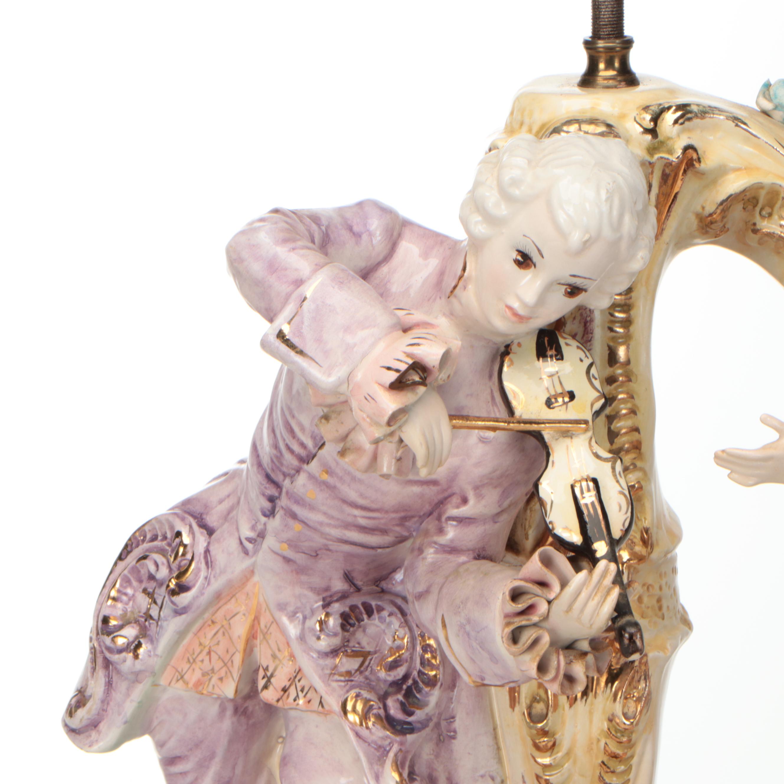 Wateau Style Luster Glaze Figural Ceramic Table Lamp, Mid/ Late 20th Century