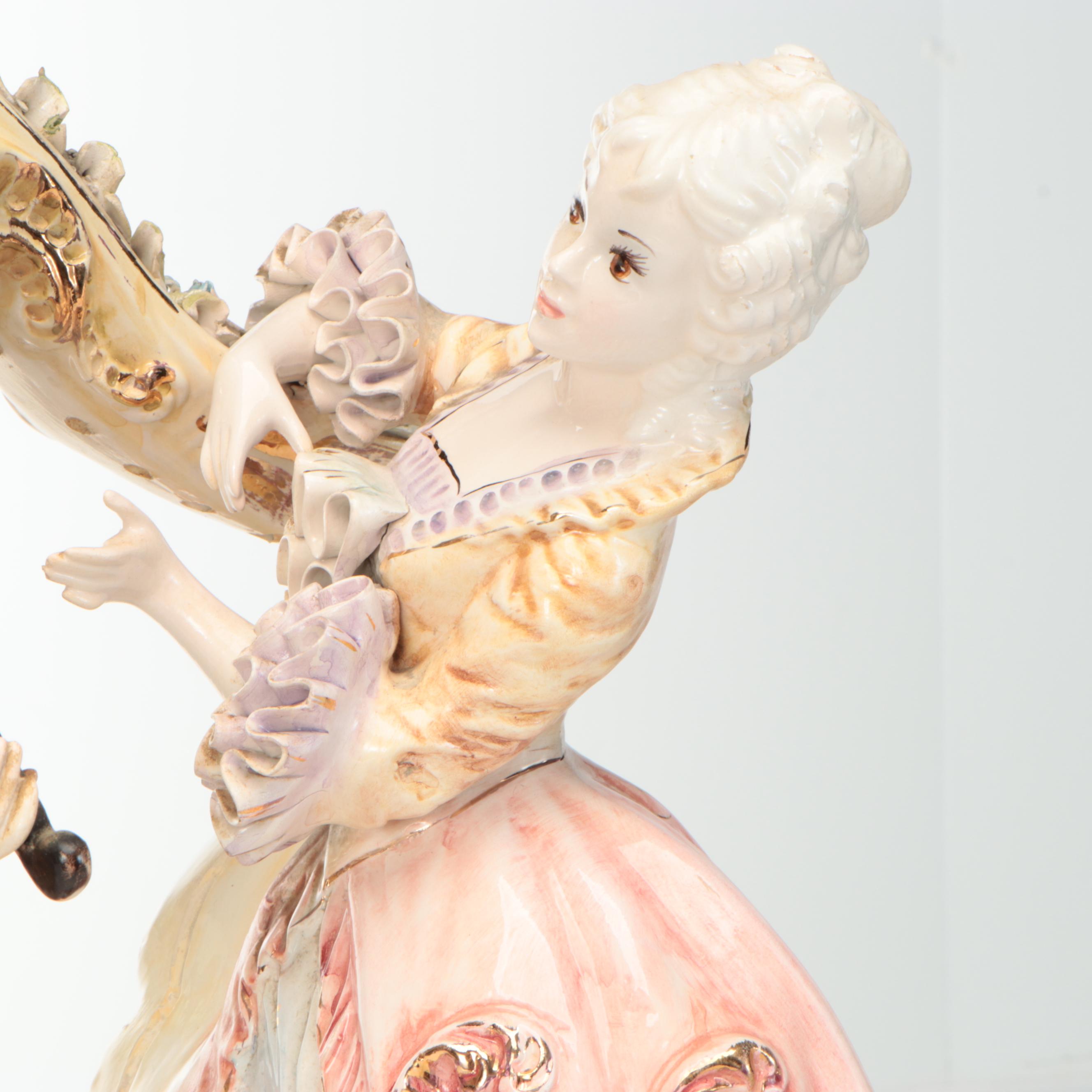 Wateau Style Luster Glaze Figural Ceramic Table Lamp, Mid/ Late 20th Century