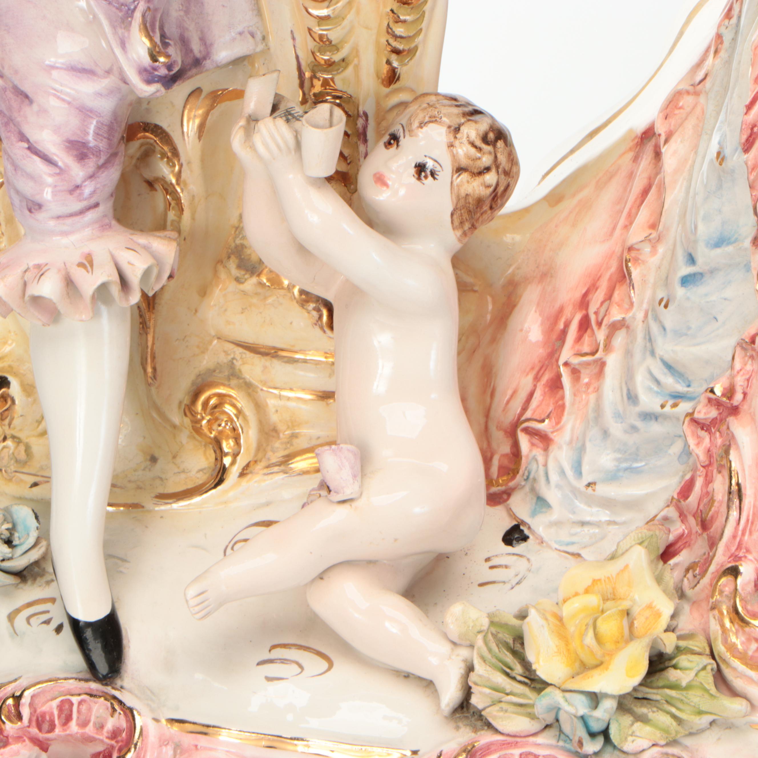 Wateau Style Luster Glaze Figural Ceramic Table Lamp, Mid/ Late 20th Century