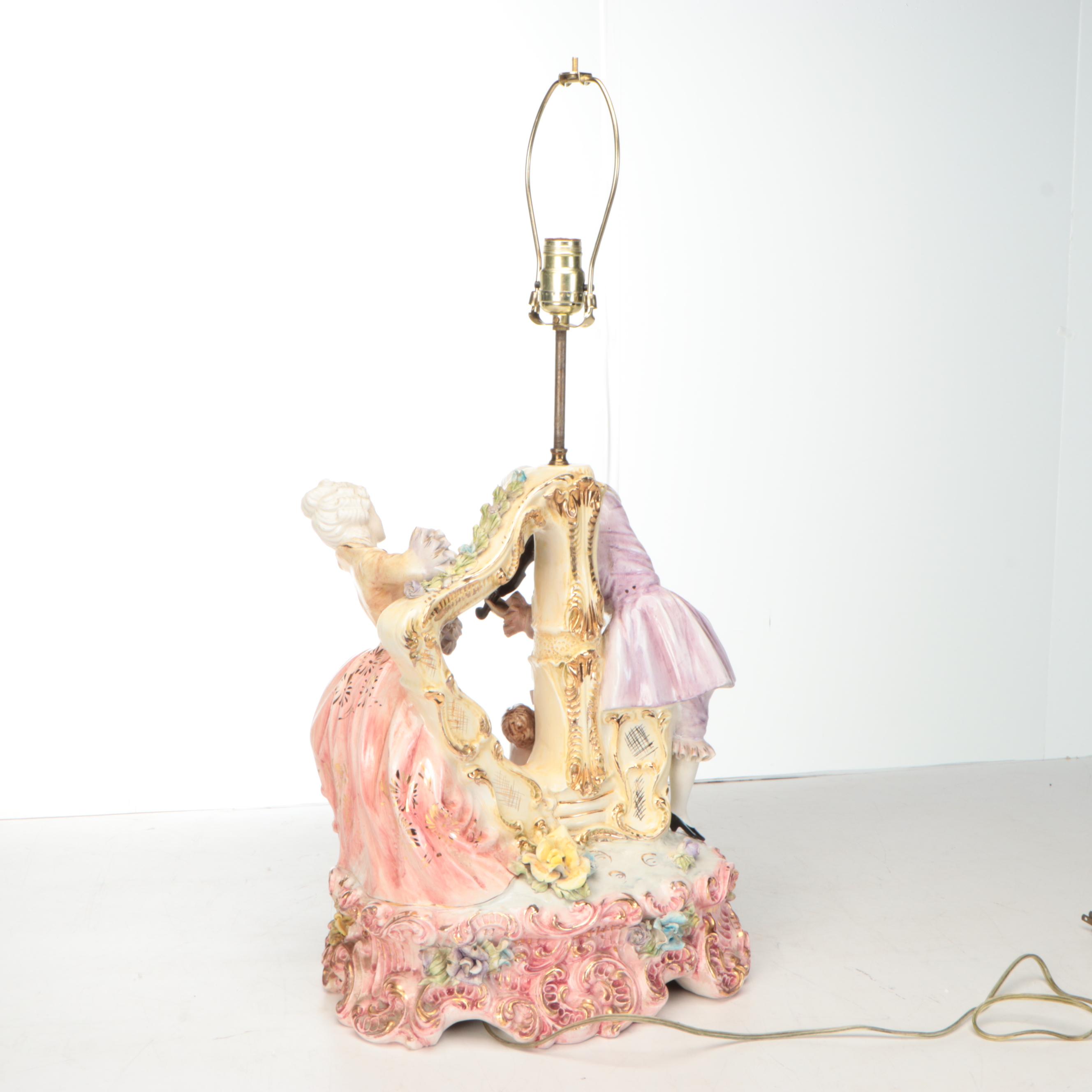 Wateau Style Luster Glaze Figural Ceramic Table Lamp, Mid/ Late 20th Century