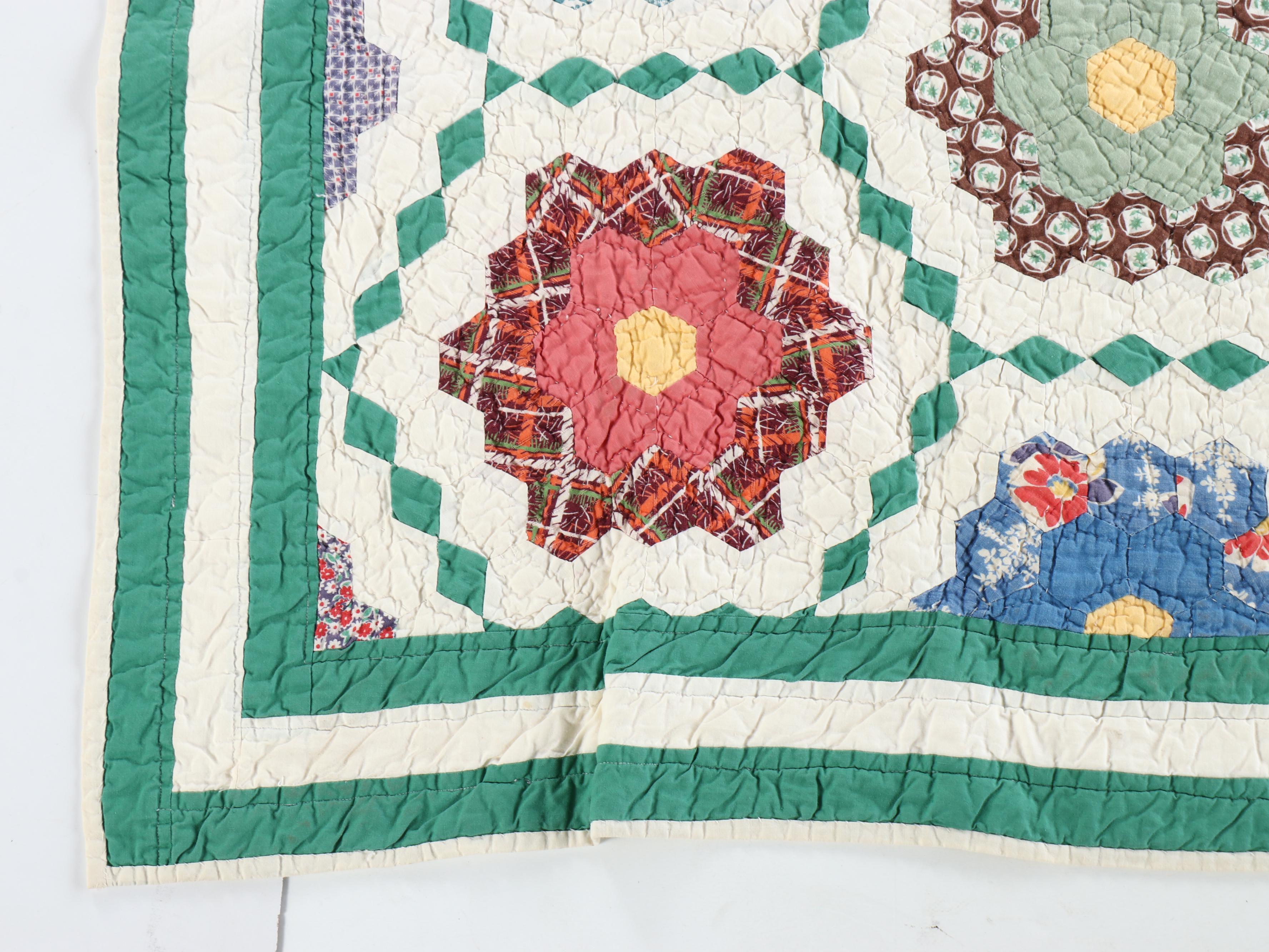 Handmade "Grandmother's Flower Garden" Pieced Quilt, 20th Century