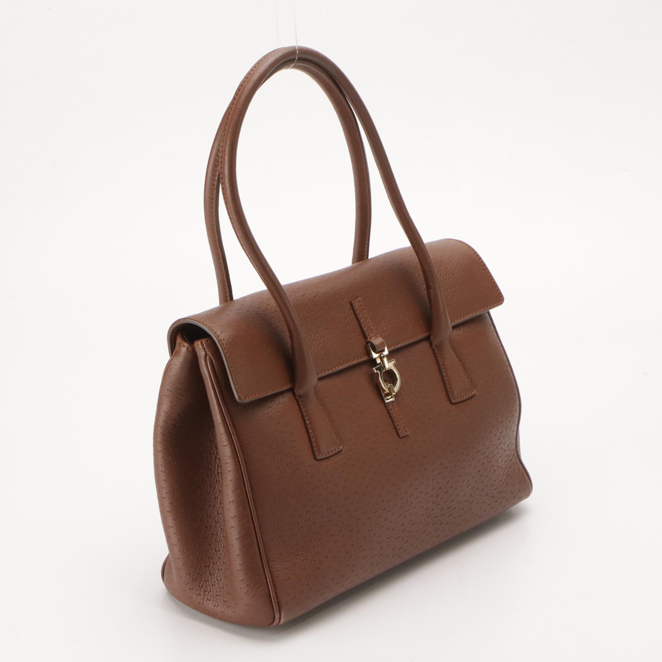 Salvatore Ferragamo Ostrich Embossed Leather Satchel with Gancini Hardware