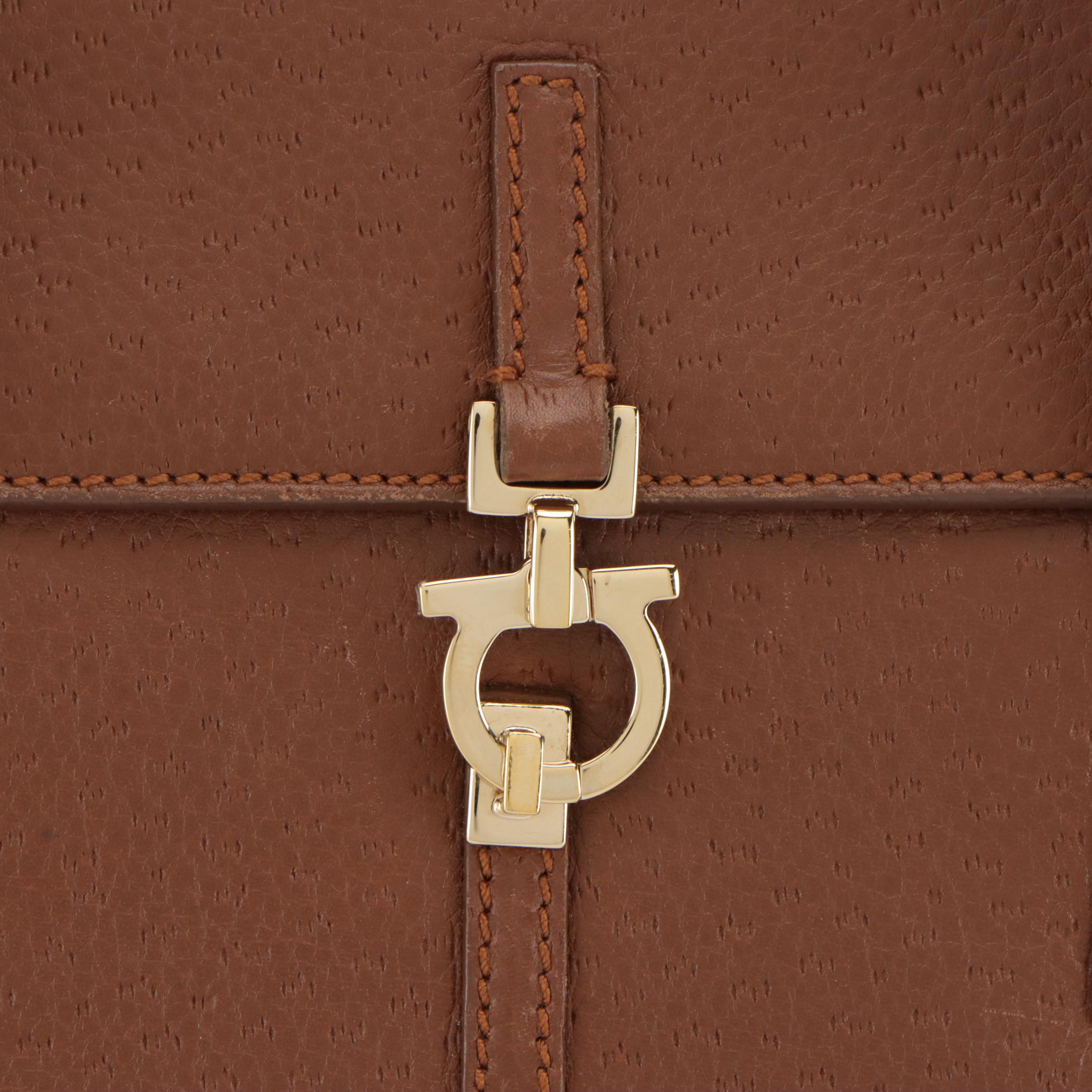 Salvatore Ferragamo Ostrich Embossed Leather Satchel with Gancini Hardware