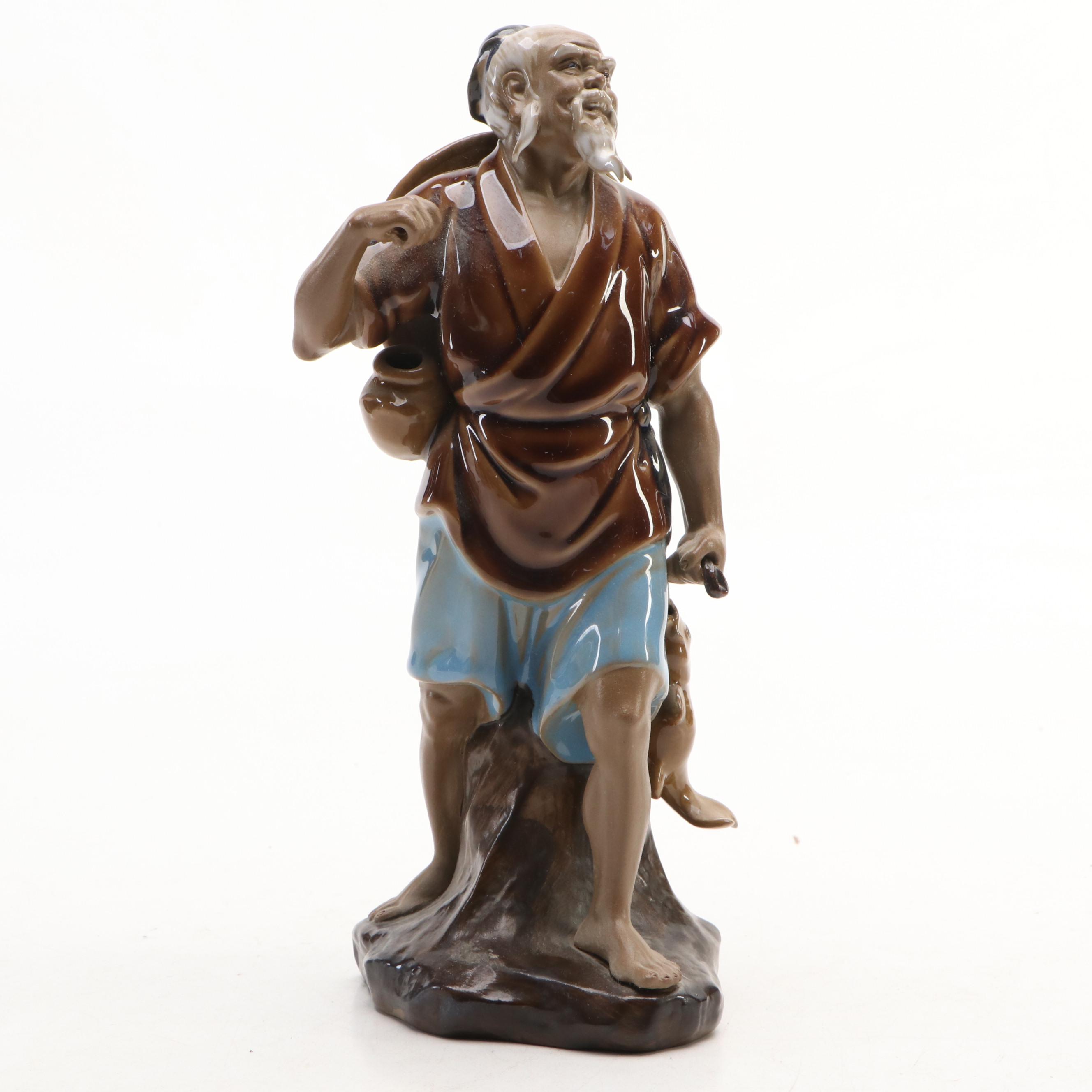 Chinese Shiwan Ware Fisherman with Gemstone Bonsai Tree