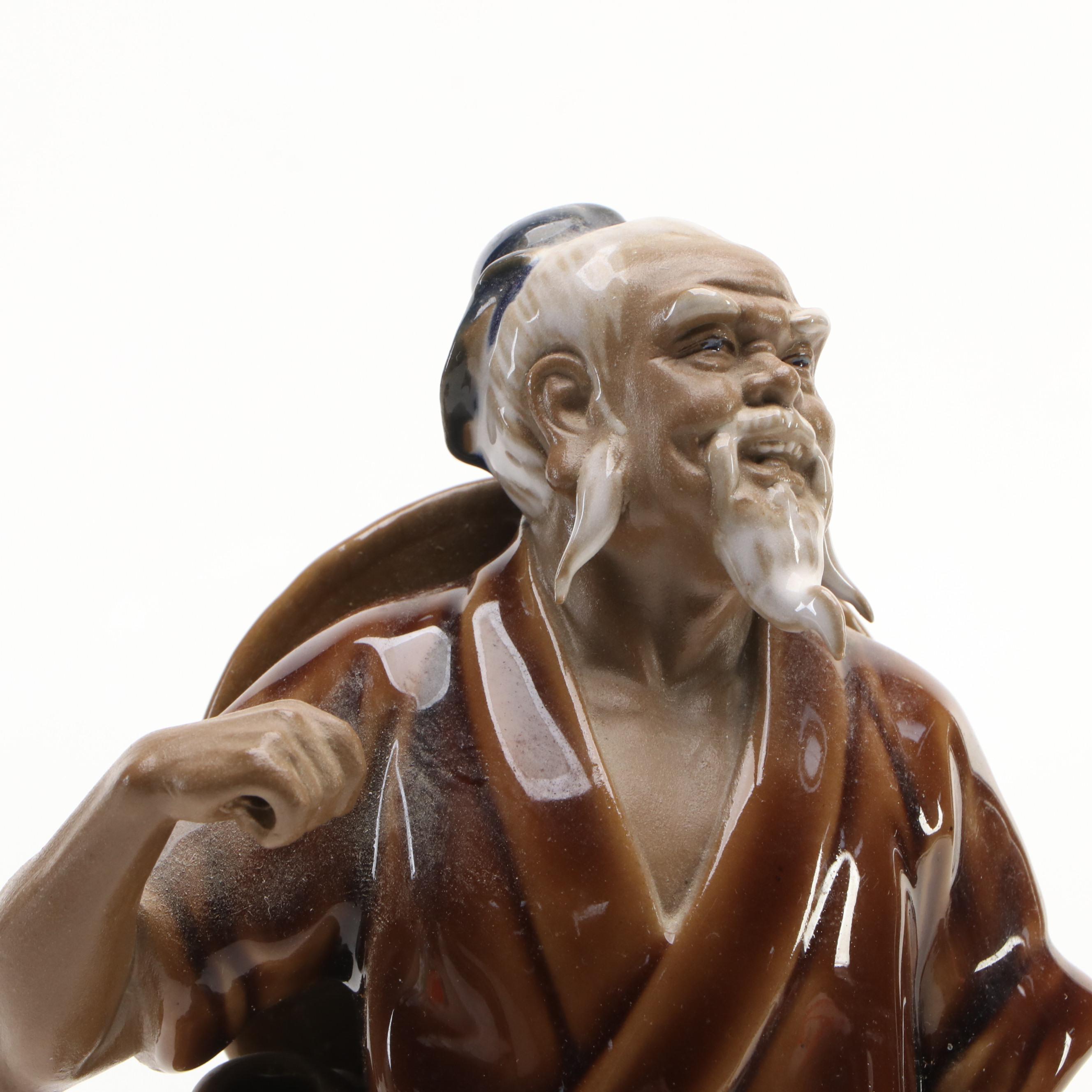 Chinese Shiwan Ware Fisherman with Gemstone Bonsai Tree