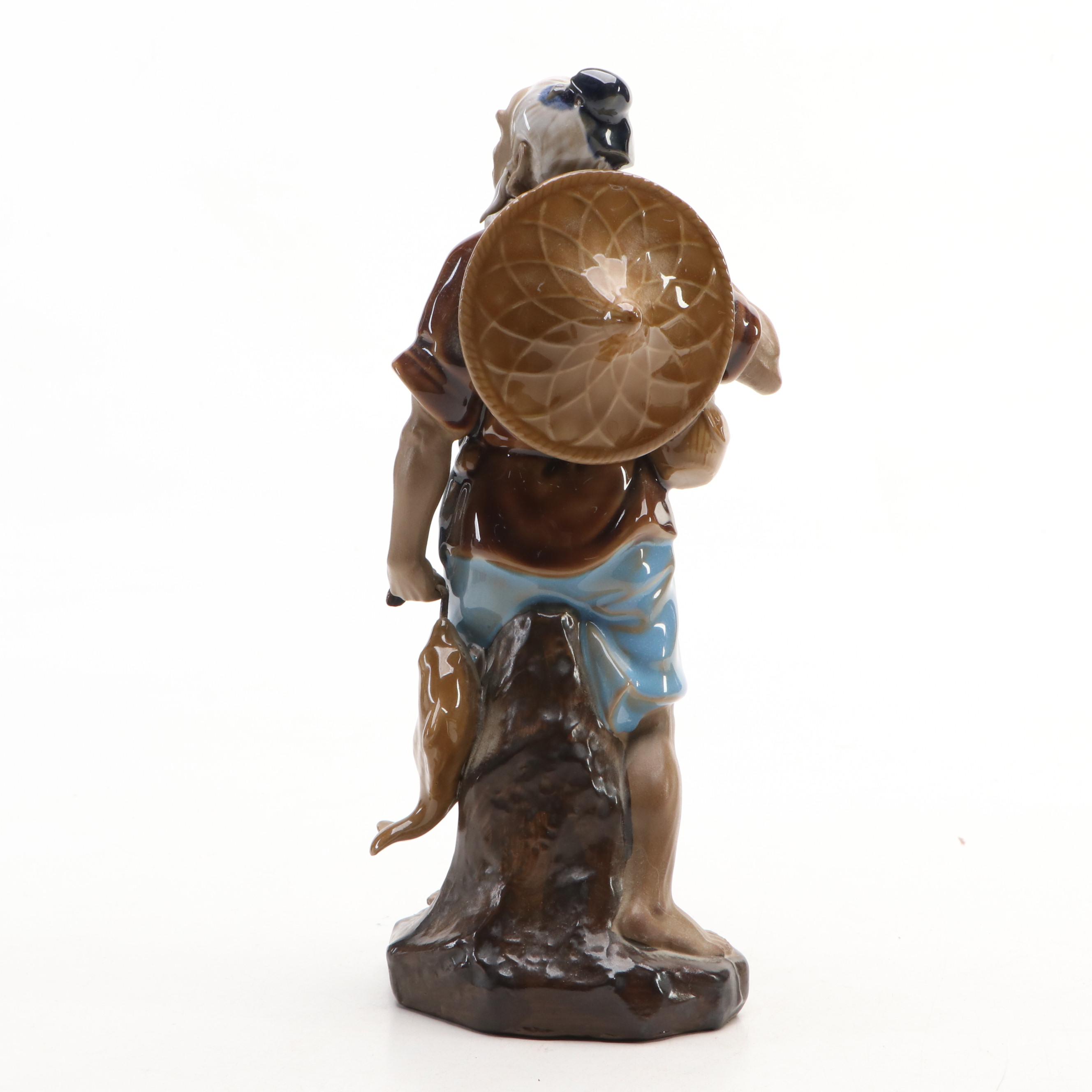Chinese Shiwan Ware Fisherman with Gemstone Bonsai Tree