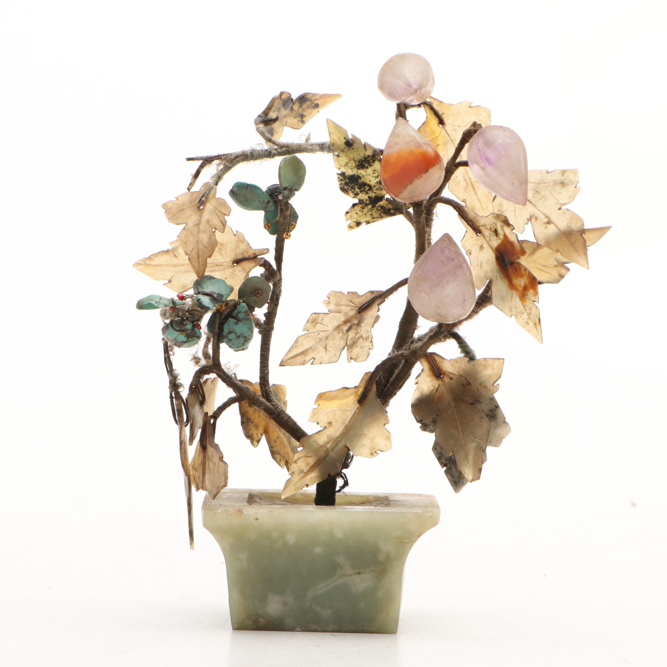 Chinese Shiwan Ware Fisherman with Gemstone Bonsai Tree