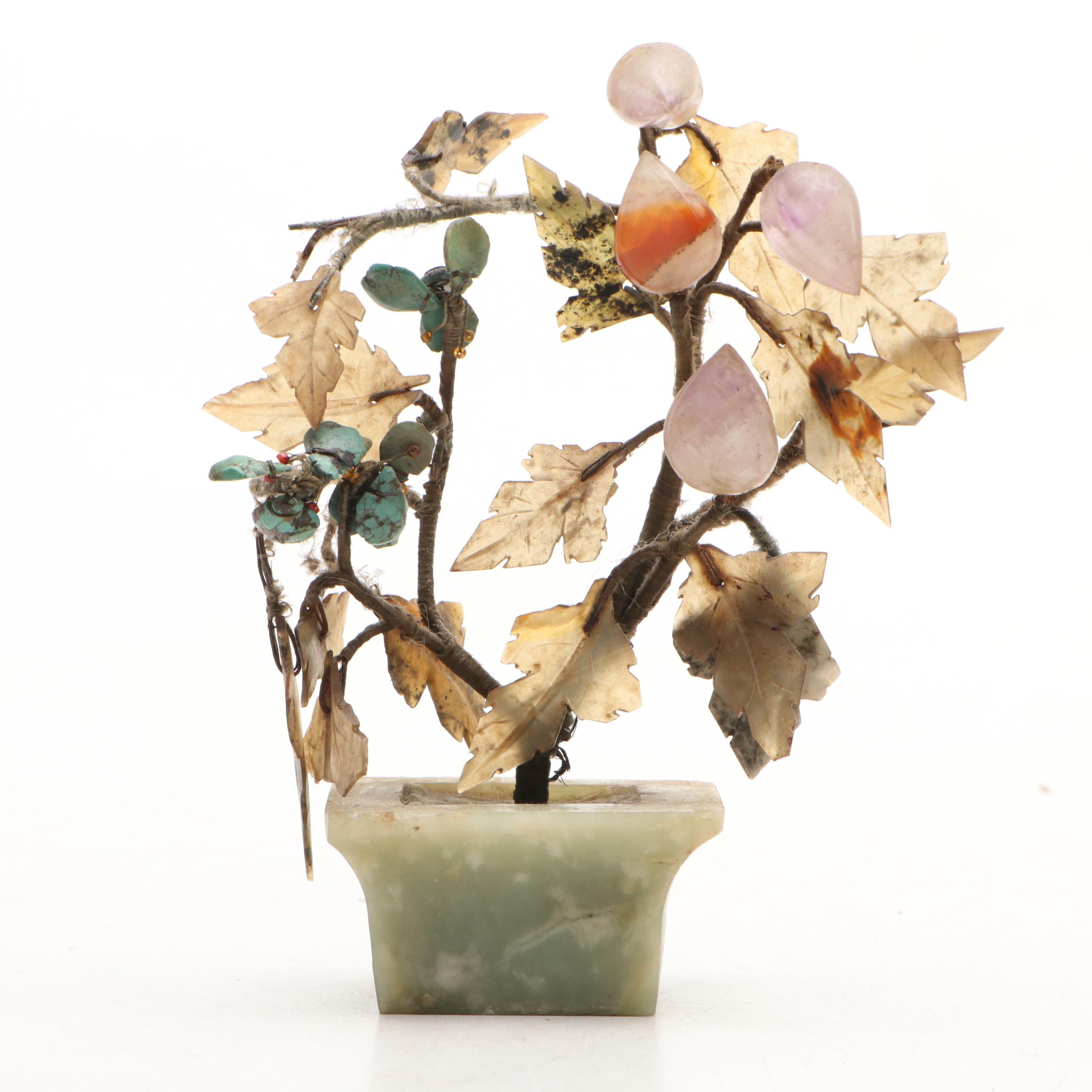 Chinese Shiwan Ware Fisherman with Gemstone Bonsai Tree