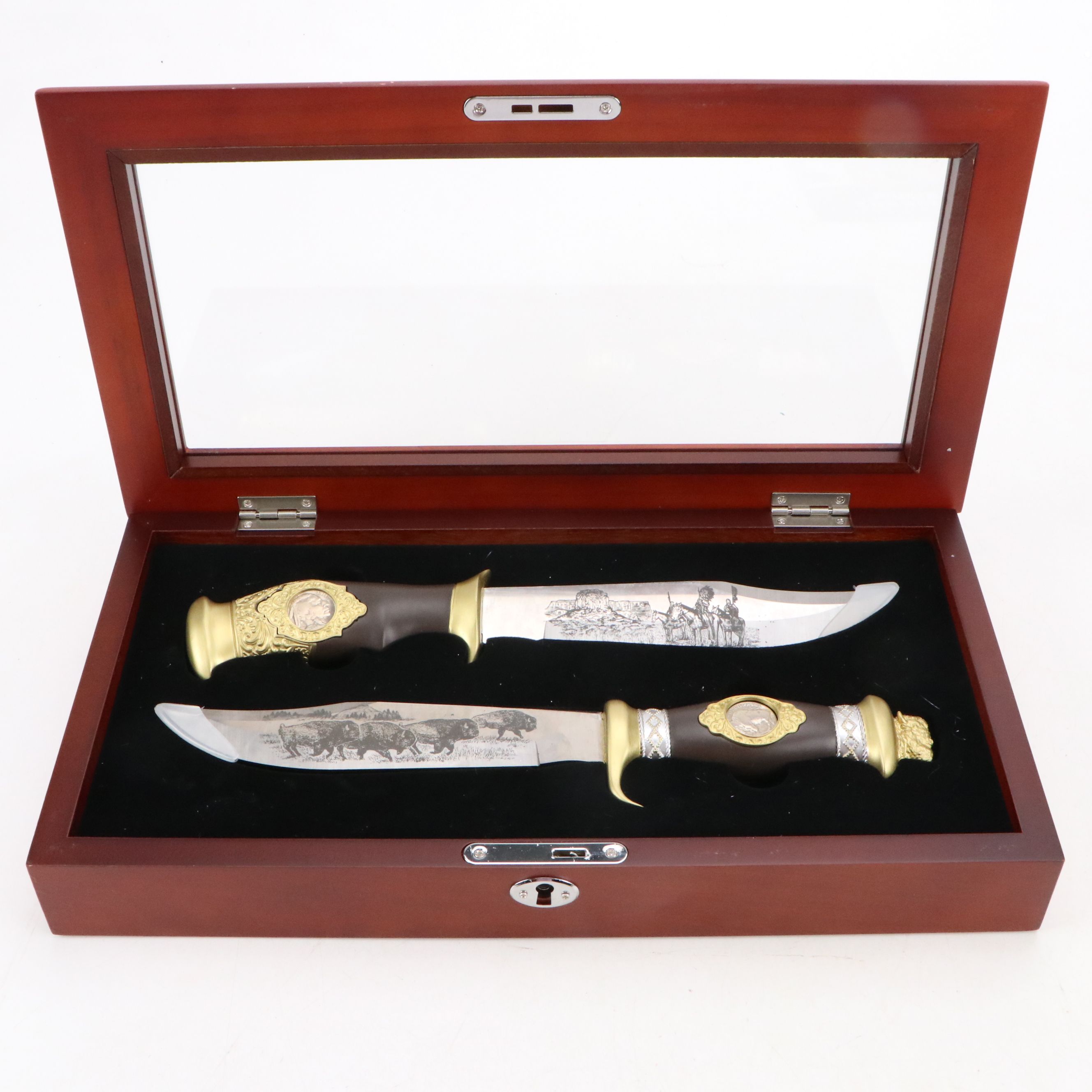 Danbury Mint Buffalo Nickel Bowie Knife Set with Pictorial Blade Etching