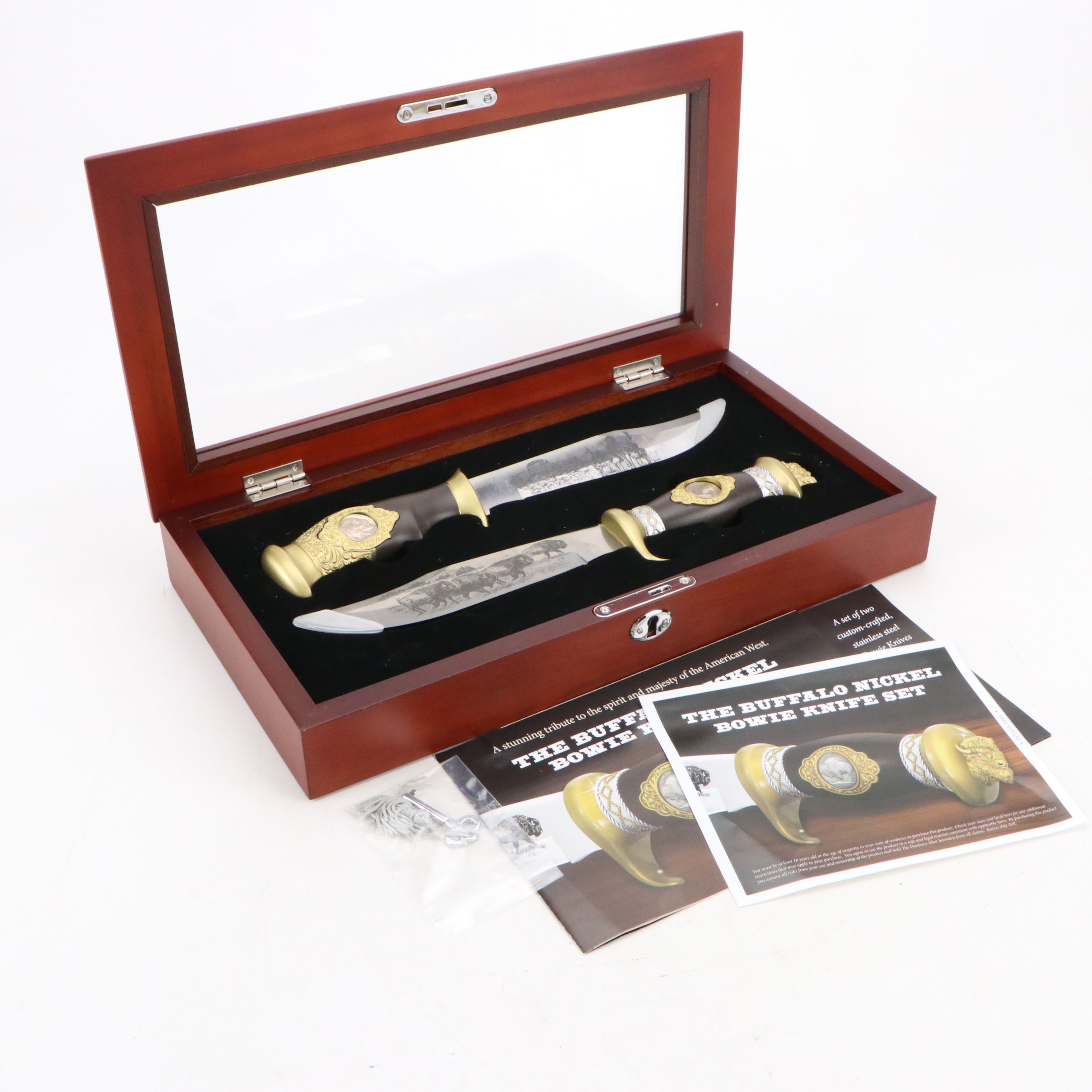 Danbury Mint Buffalo Nickel Bowie Knife Set with Pictorial Blade Etching