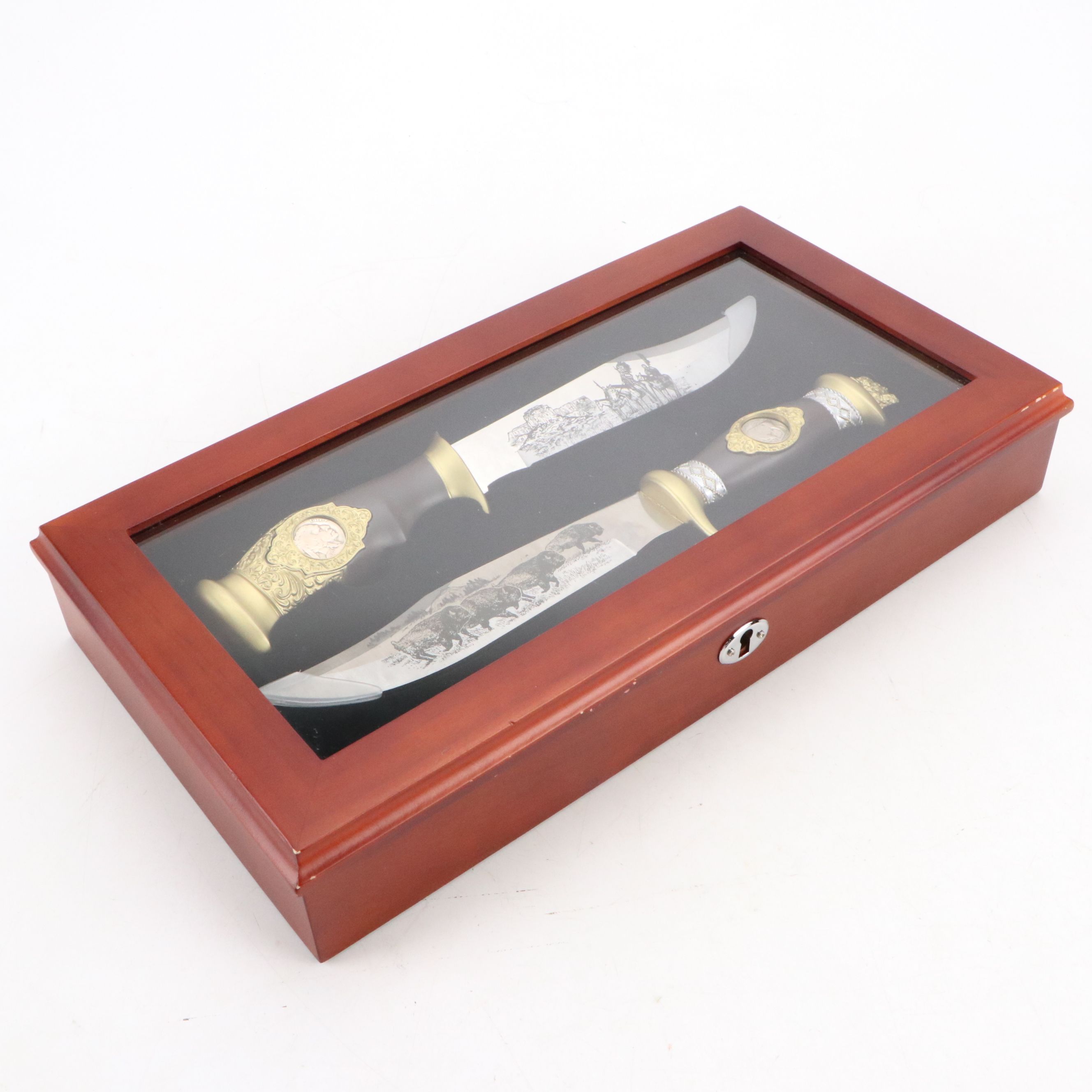 Danbury Mint Buffalo Nickel Bowie Knife Set with Pictorial Blade Etching