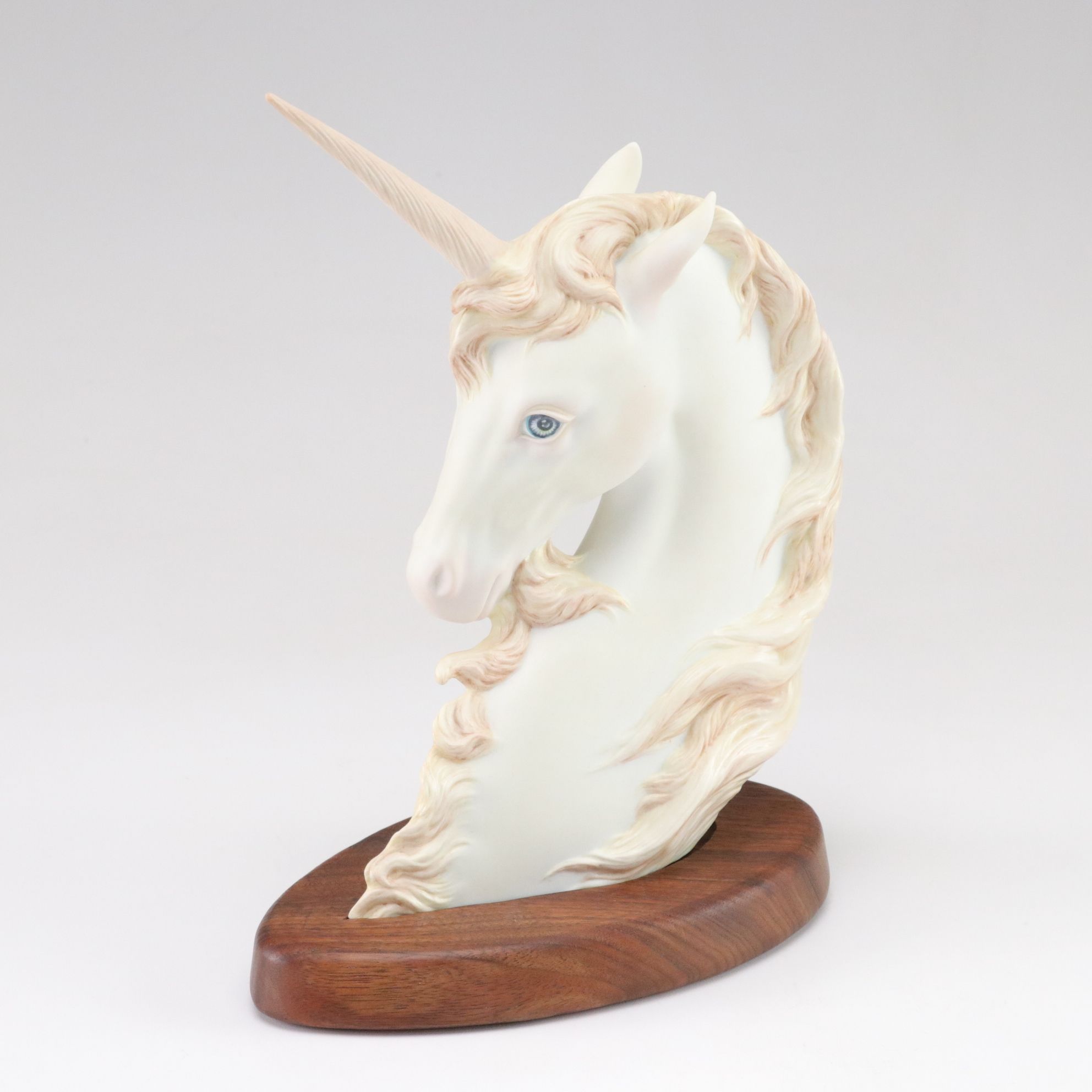 Charles Oldham Hand-Painted Unicorn Bust with Fitted Wood Base, 1983