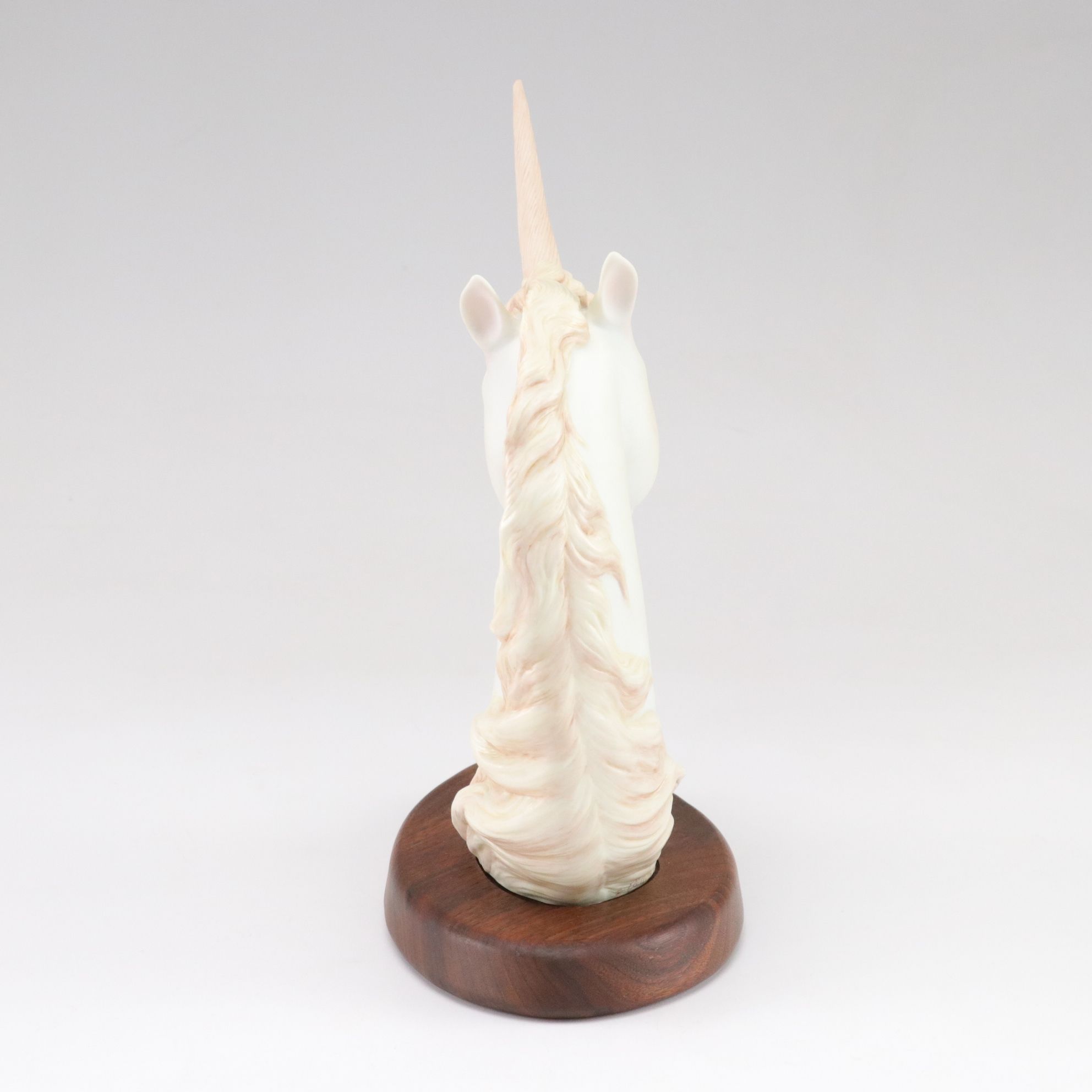 Charles Oldham Hand-Painted Unicorn Bust with Fitted Wood Base, 1983