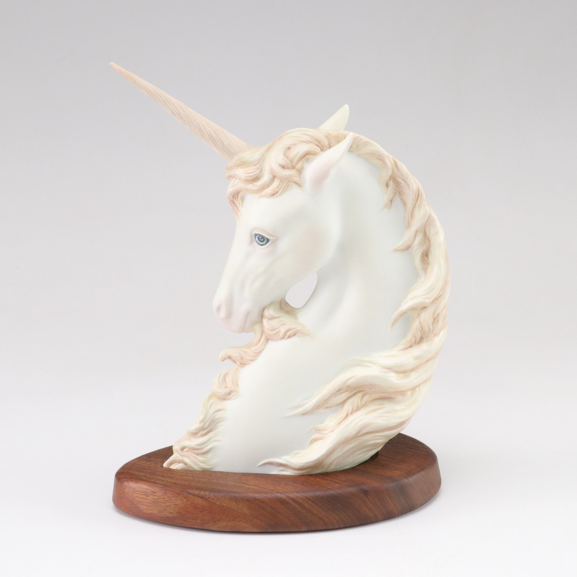 Charles Oldham Hand-Painted Unicorn Bust with Fitted Wood Base, 1983