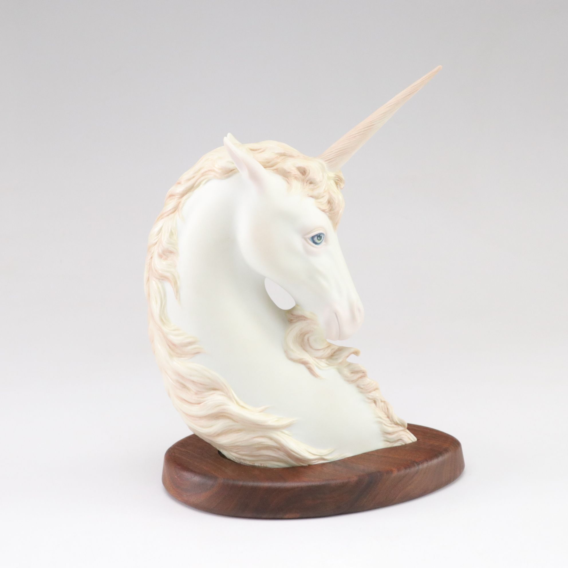 Charles Oldham Hand-Painted Unicorn Bust with Fitted Wood Base, 1983