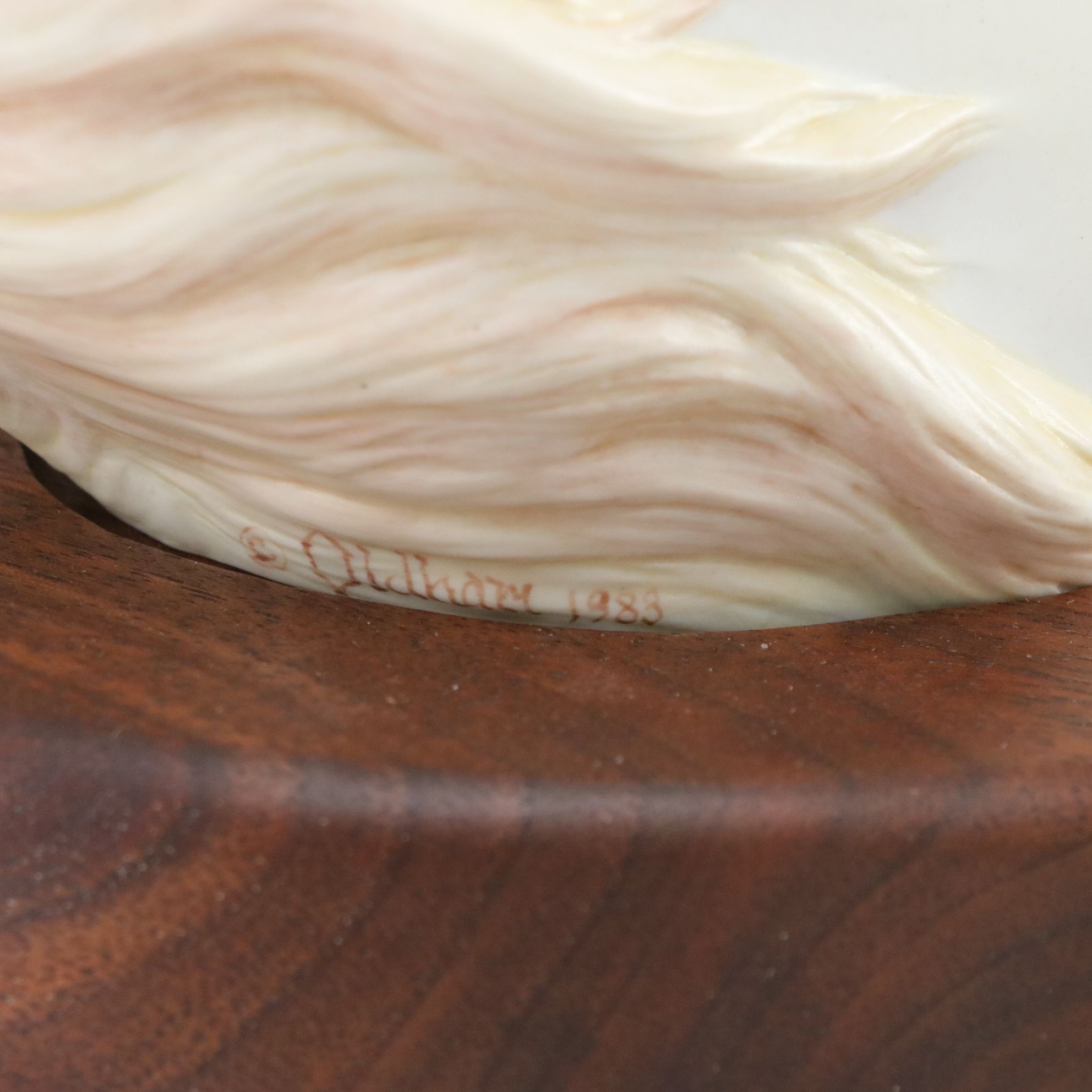 Charles Oldham Hand-Painted Unicorn Bust with Fitted Wood Base, 1983