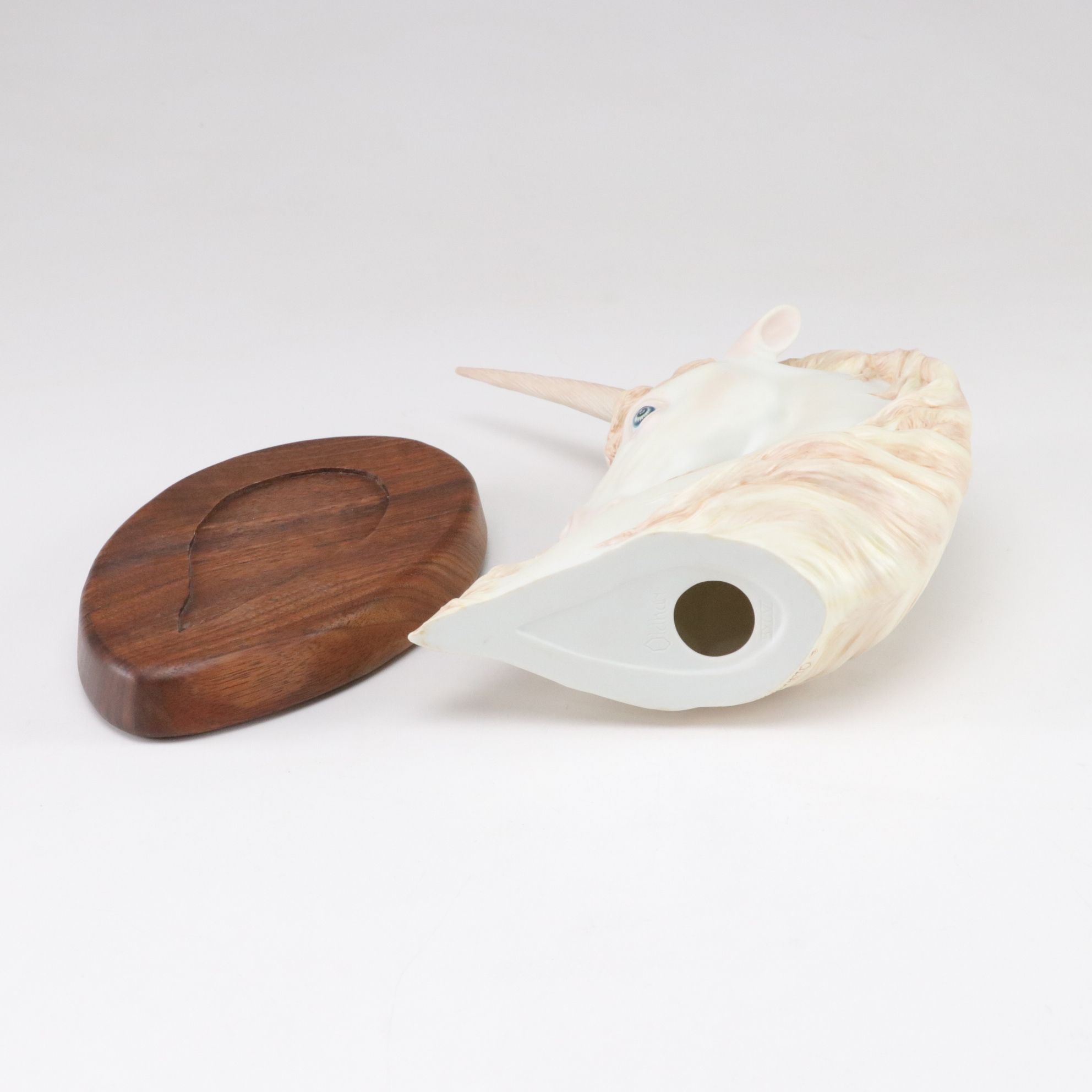 Charles Oldham Hand-Painted Unicorn Bust with Fitted Wood Base, 1983