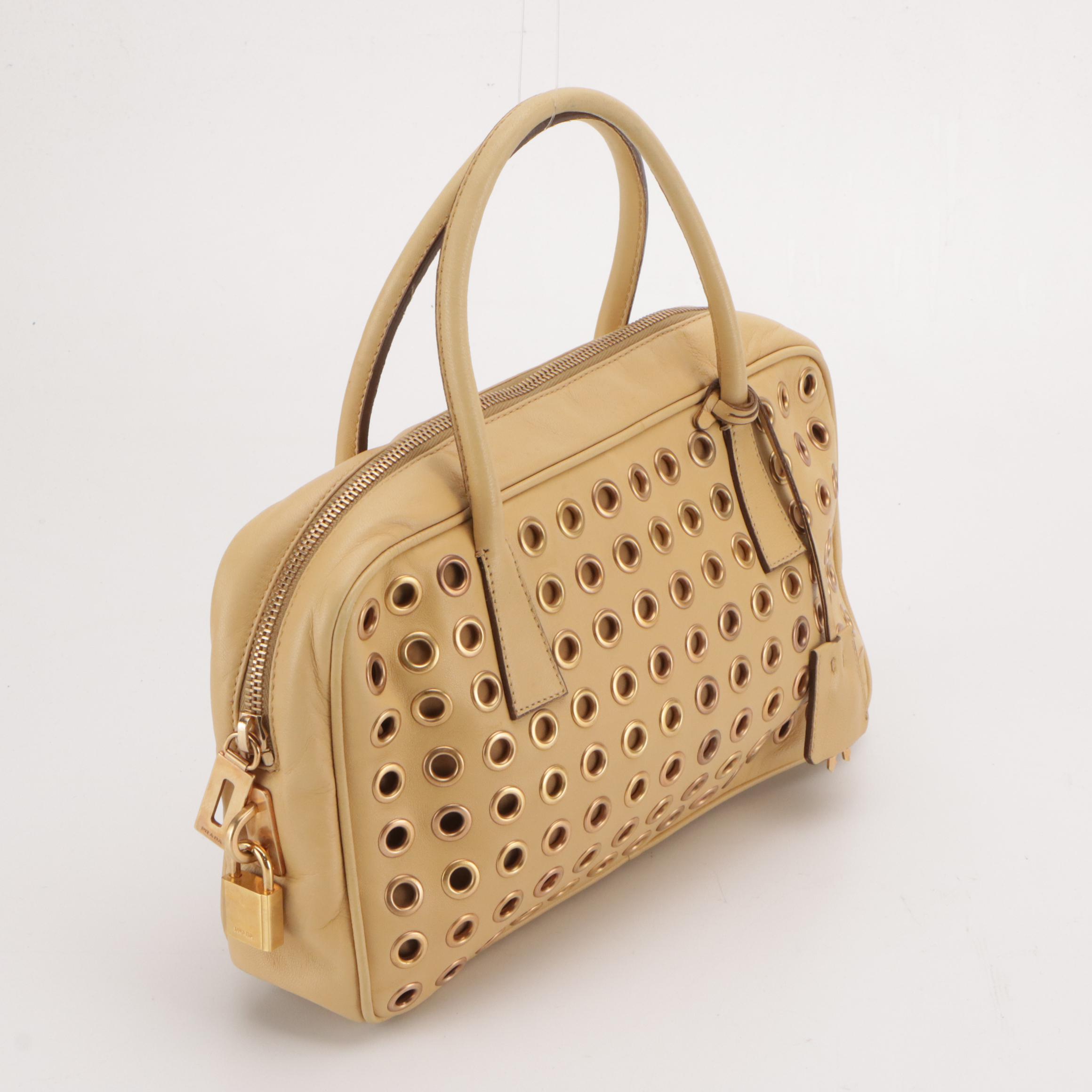 Prada Grommet Embellished Nappa Leather Zip-Top Handbag with Keys and Padlock