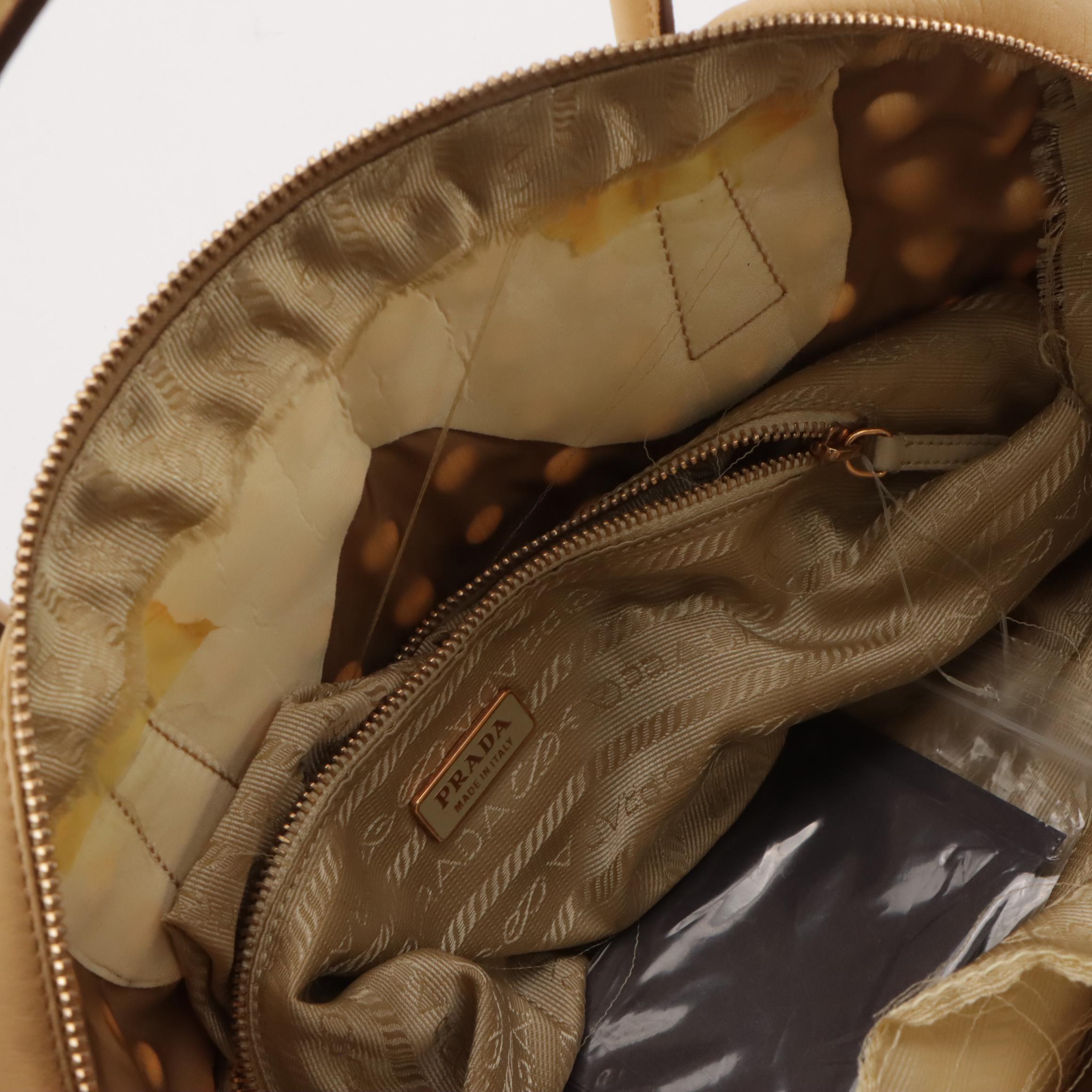 Prada Grommet Embellished Nappa Leather Zip-Top Handbag with Keys and Padlock