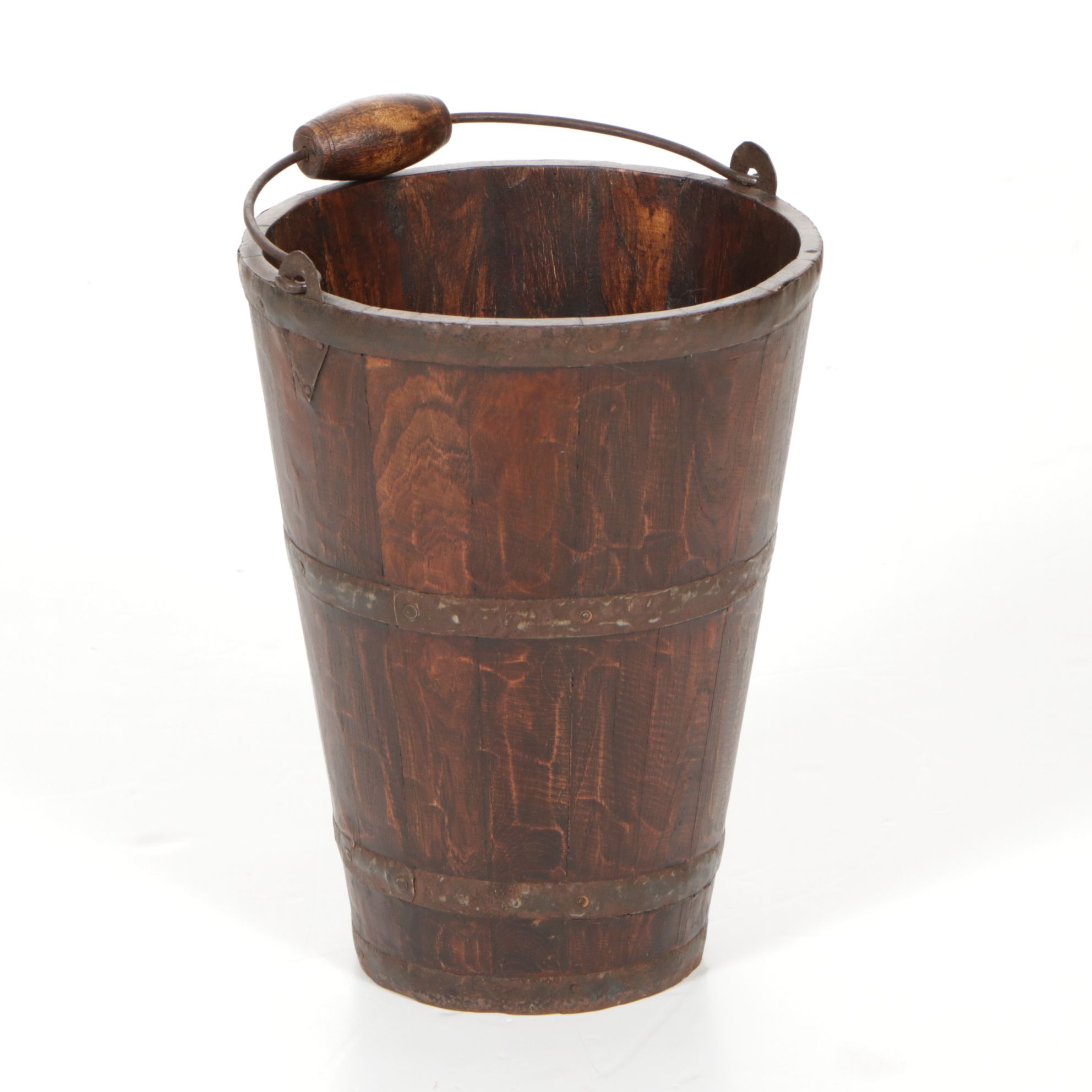 Rustic Harvest Bucket with Hand Hewn Staves and Metal Bands