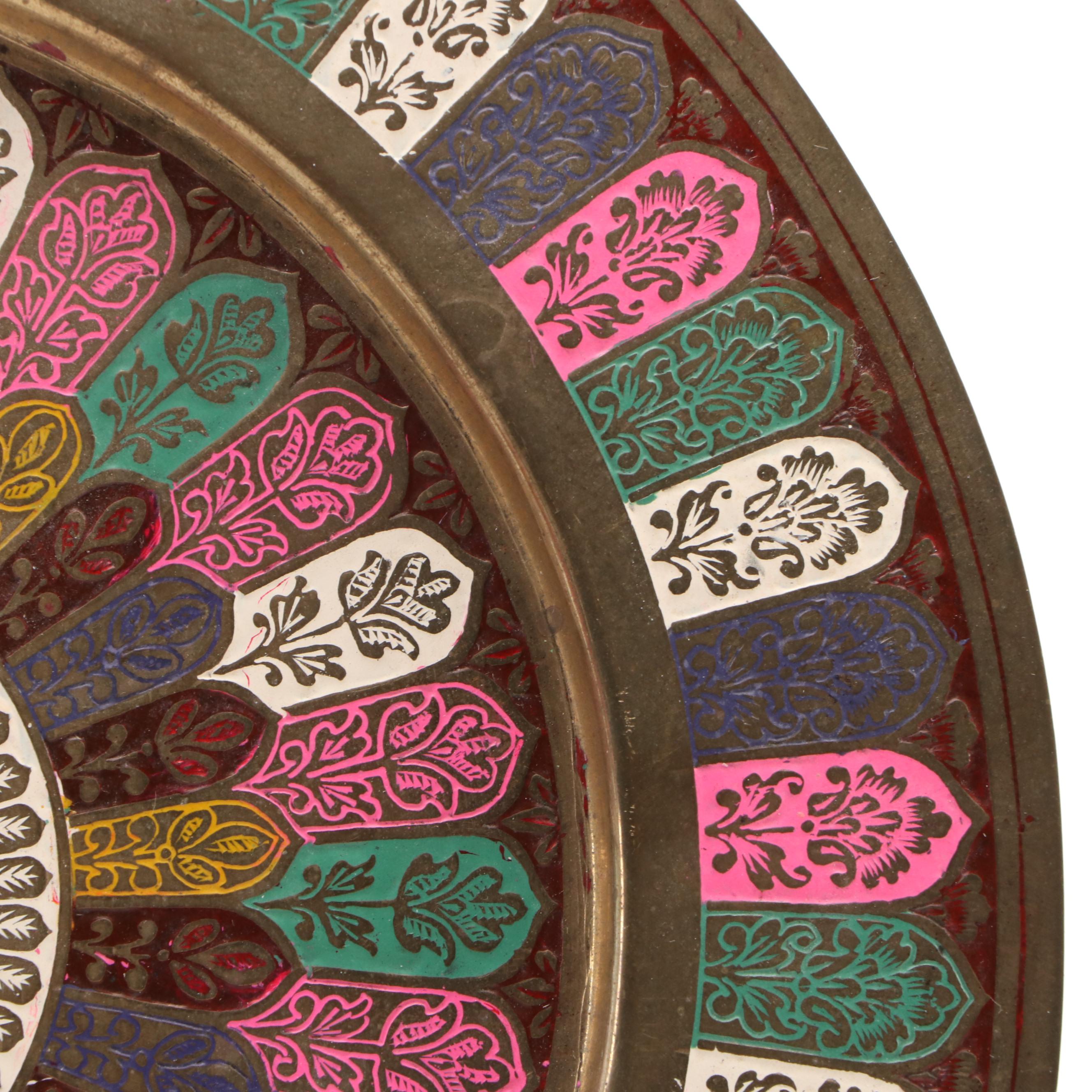 Stone and Glass Egg Figures on Brass Stands & Indo-Persian Enameled Brass Plate