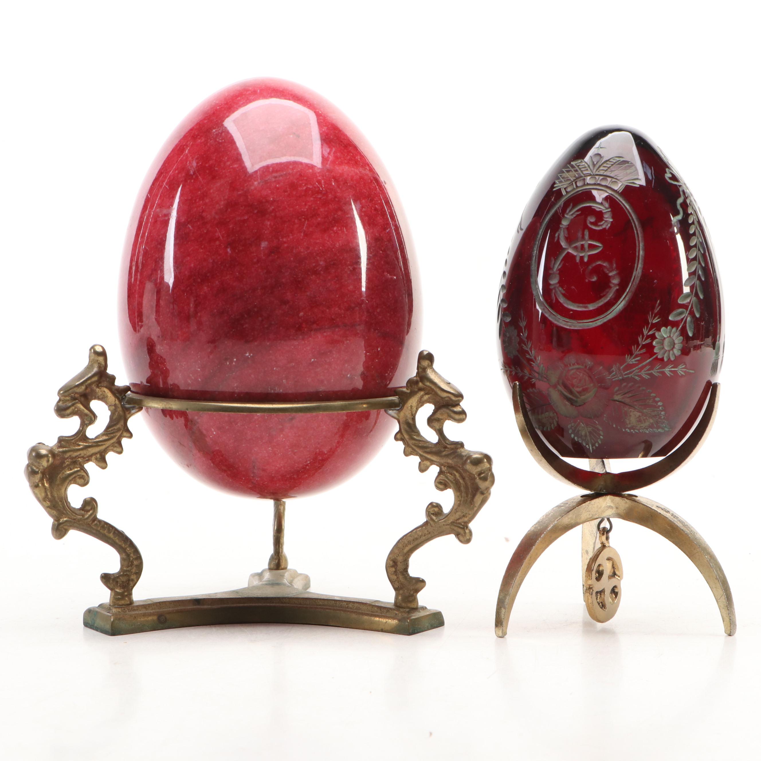 Stone and Glass Egg Figures on Brass Stands & Indo-Persian Enameled Brass Plate